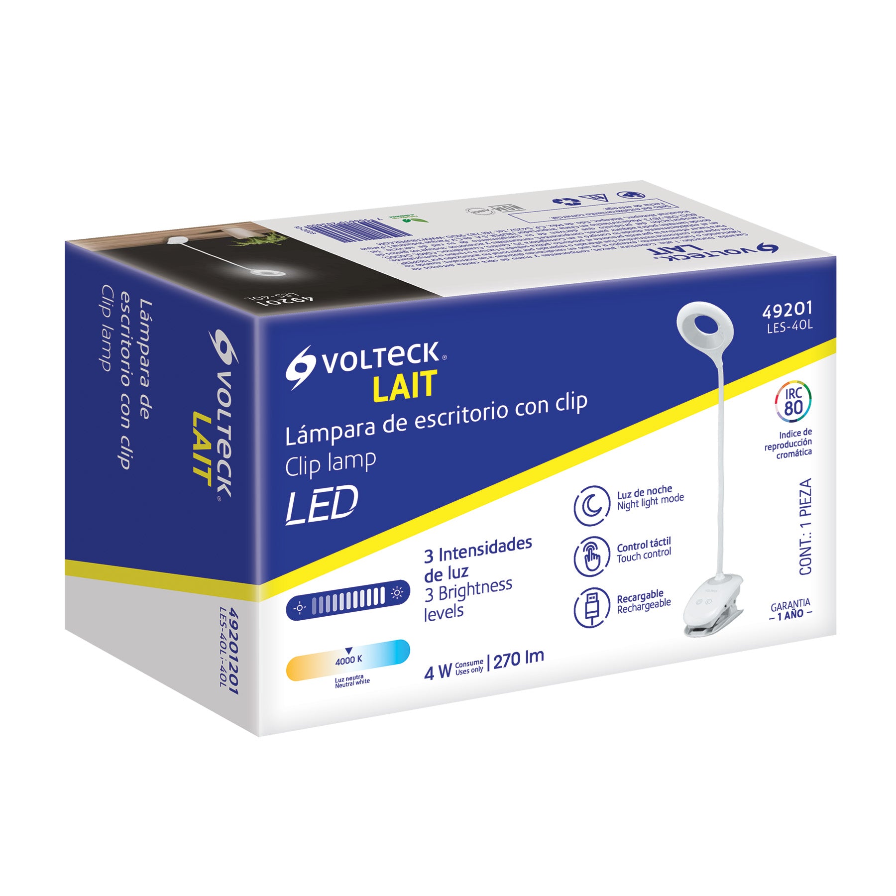 Lámpara escritorio LED 4 W recargable c/clip, 3 intensidades