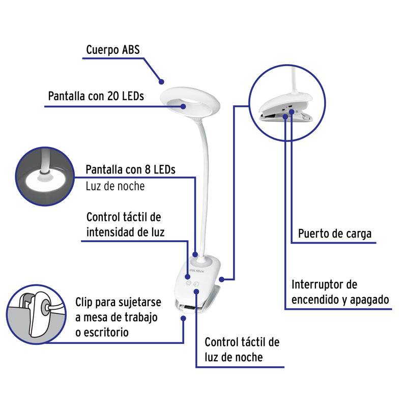 Lámpara escritorio LED 4 W recargable c/clip, 3 intensidades