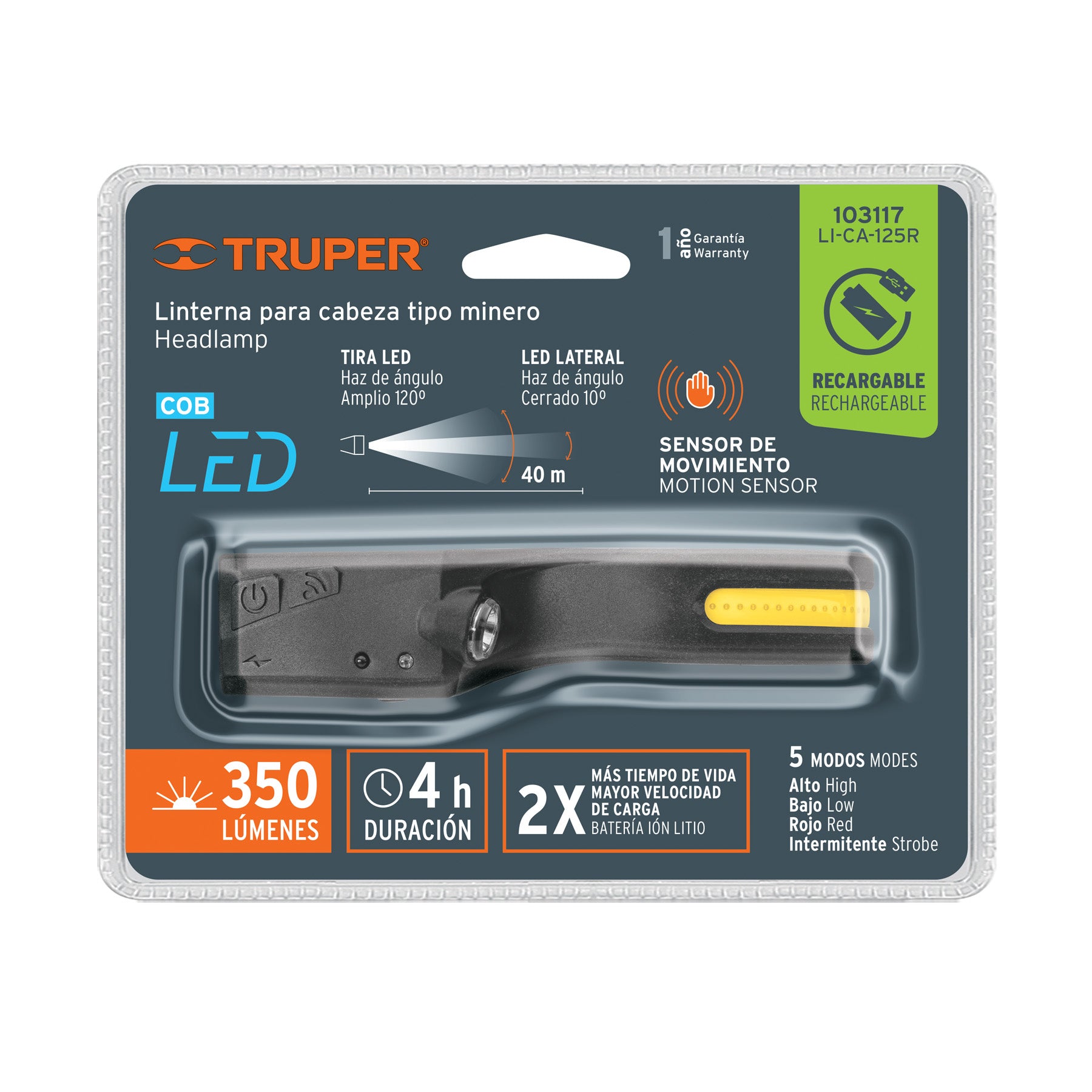 Linterna de minero 125 lm recargable con sensor, Truper