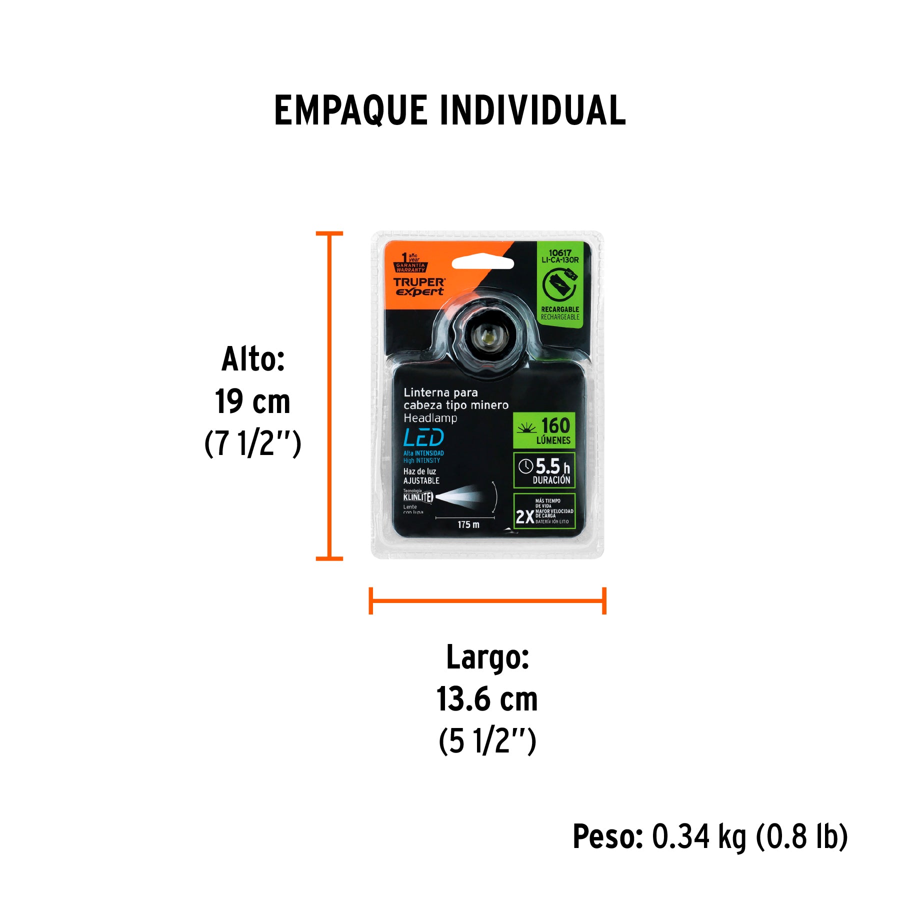 Linterna para cabeza de1 Led, 60 lúmenes, recargable