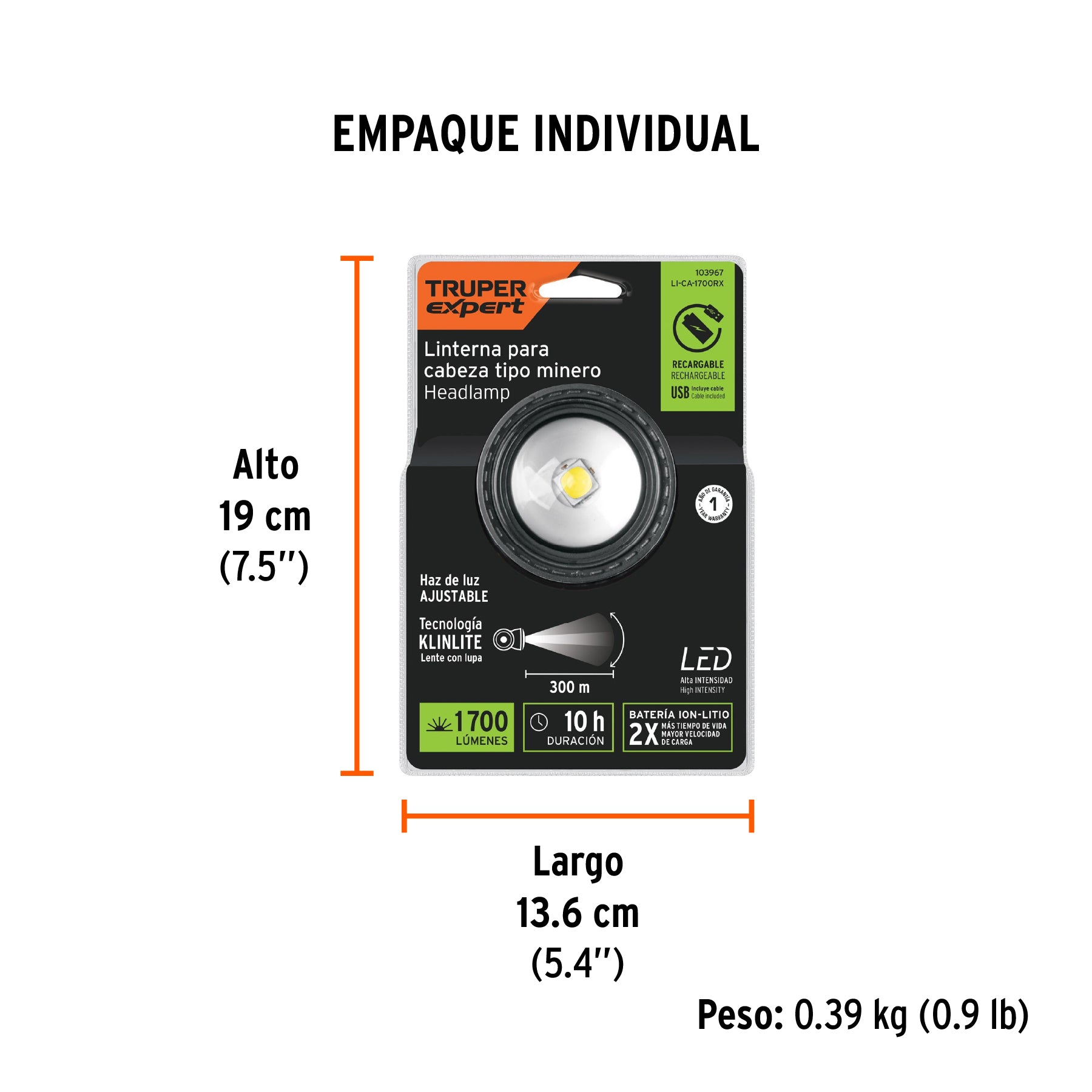 Linterna de minero LED 1700 lm, recargable, TRUPER EXPERT
