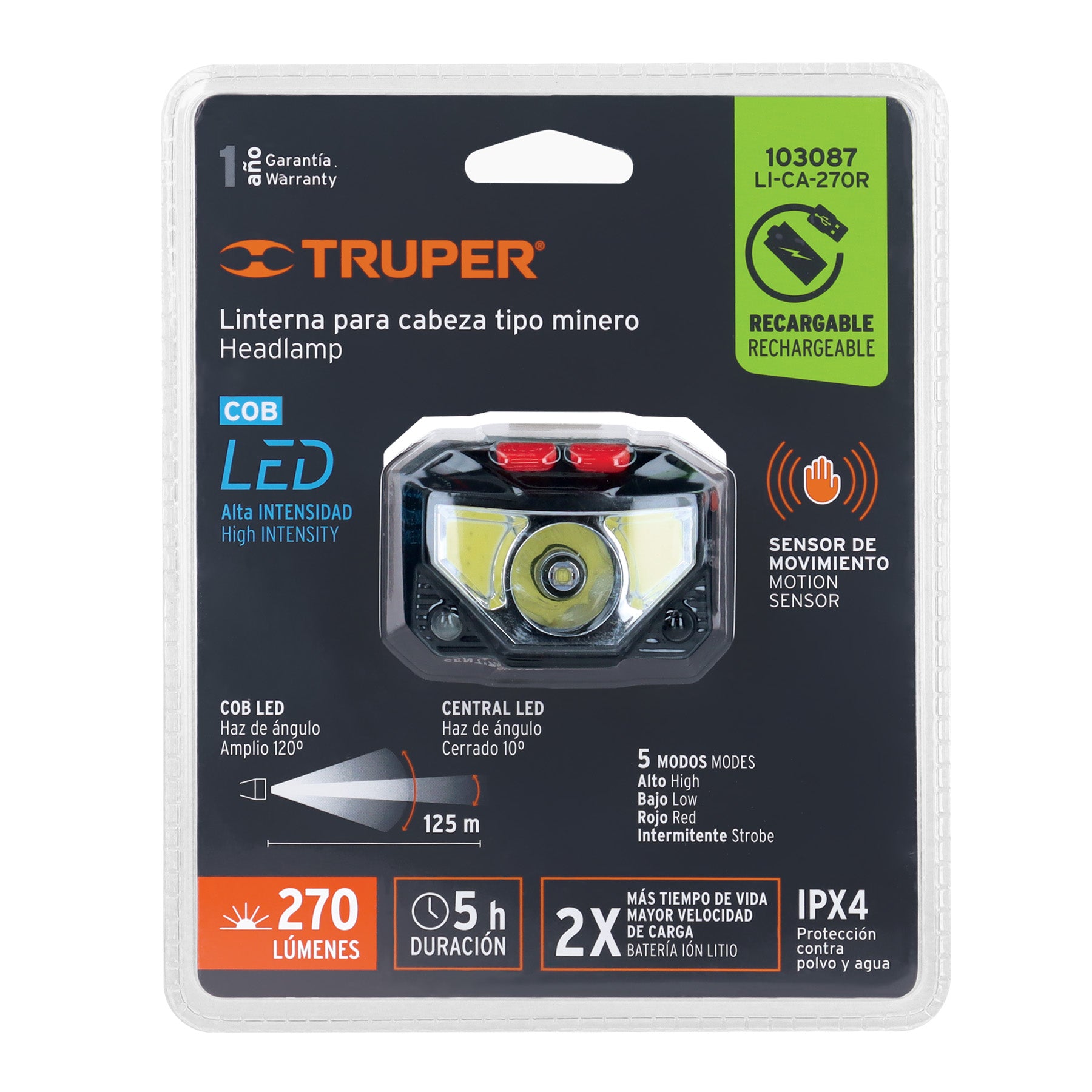 Linterna de minero 270 lm recargable, Truper