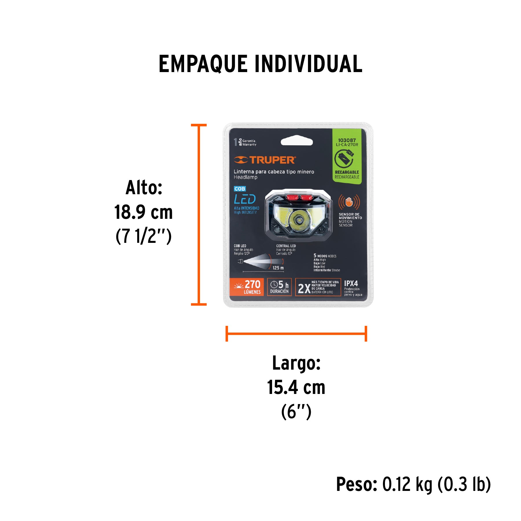 Linterna de minero 270 lm recargable, Truper