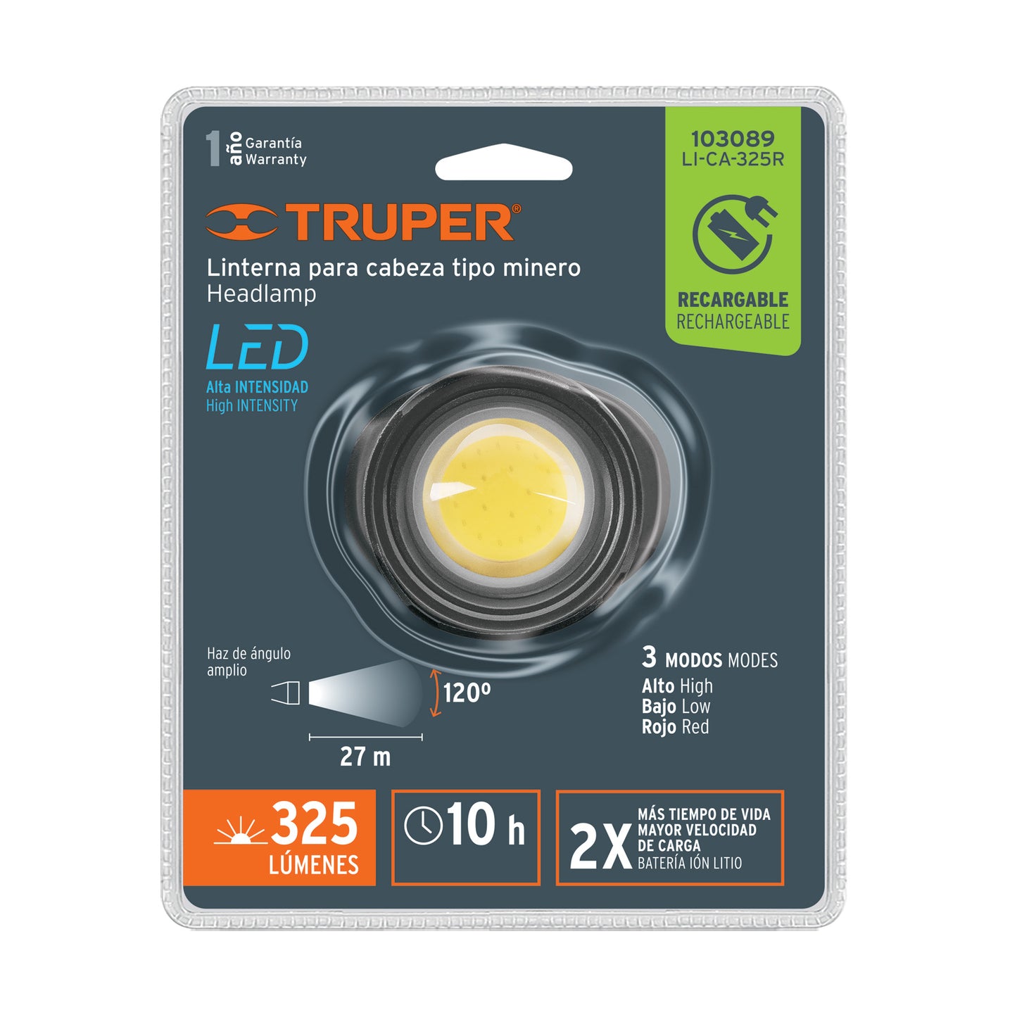 Linterna de minero 325 lm recargable, Truper