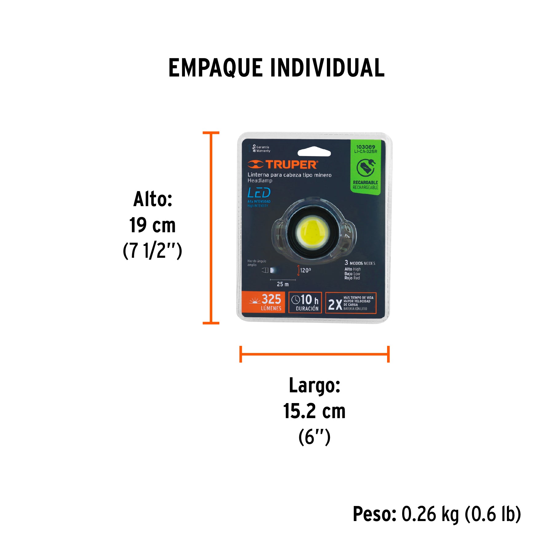 Linterna de minero 325 lm recargable, Truper