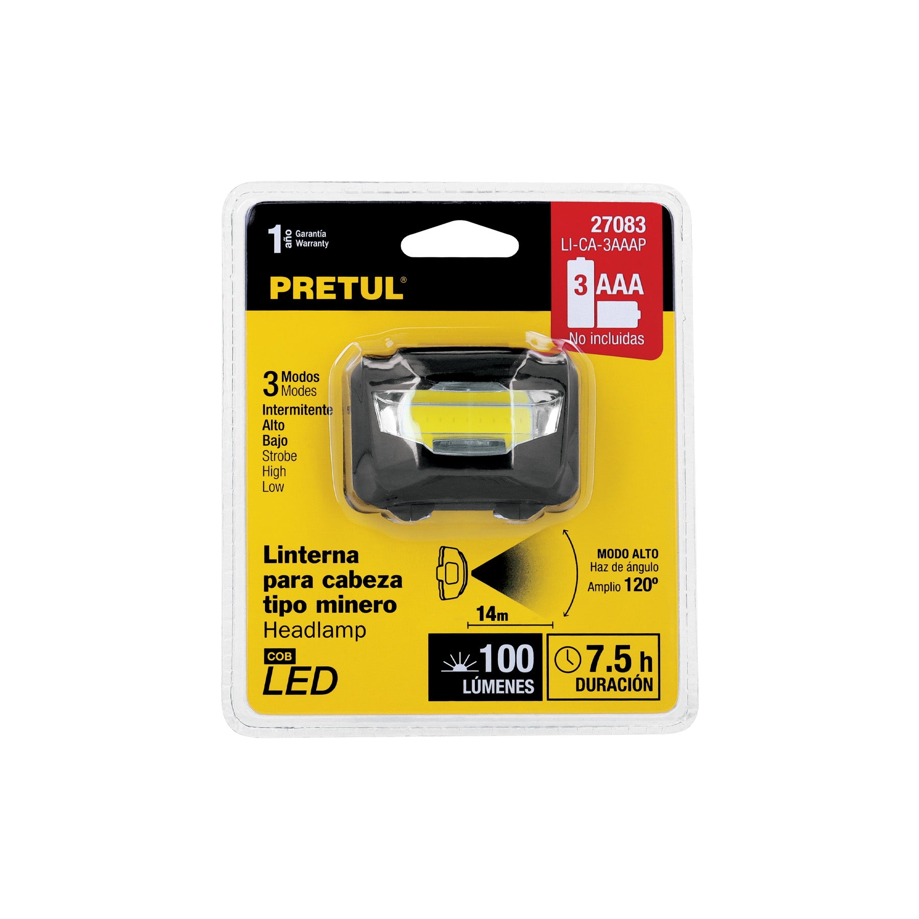 Linterna para cabeza, 3 pilas AAA, 28 lúmenes, 3 LED, Pretul