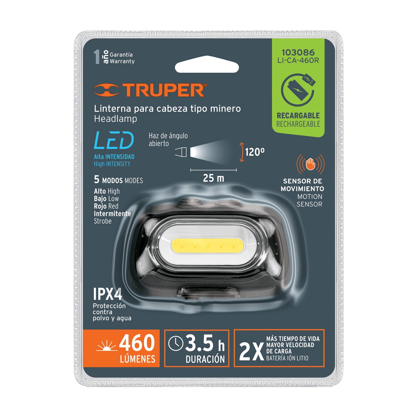 Linterna de minero 460 lm recargable con sensor, Truper