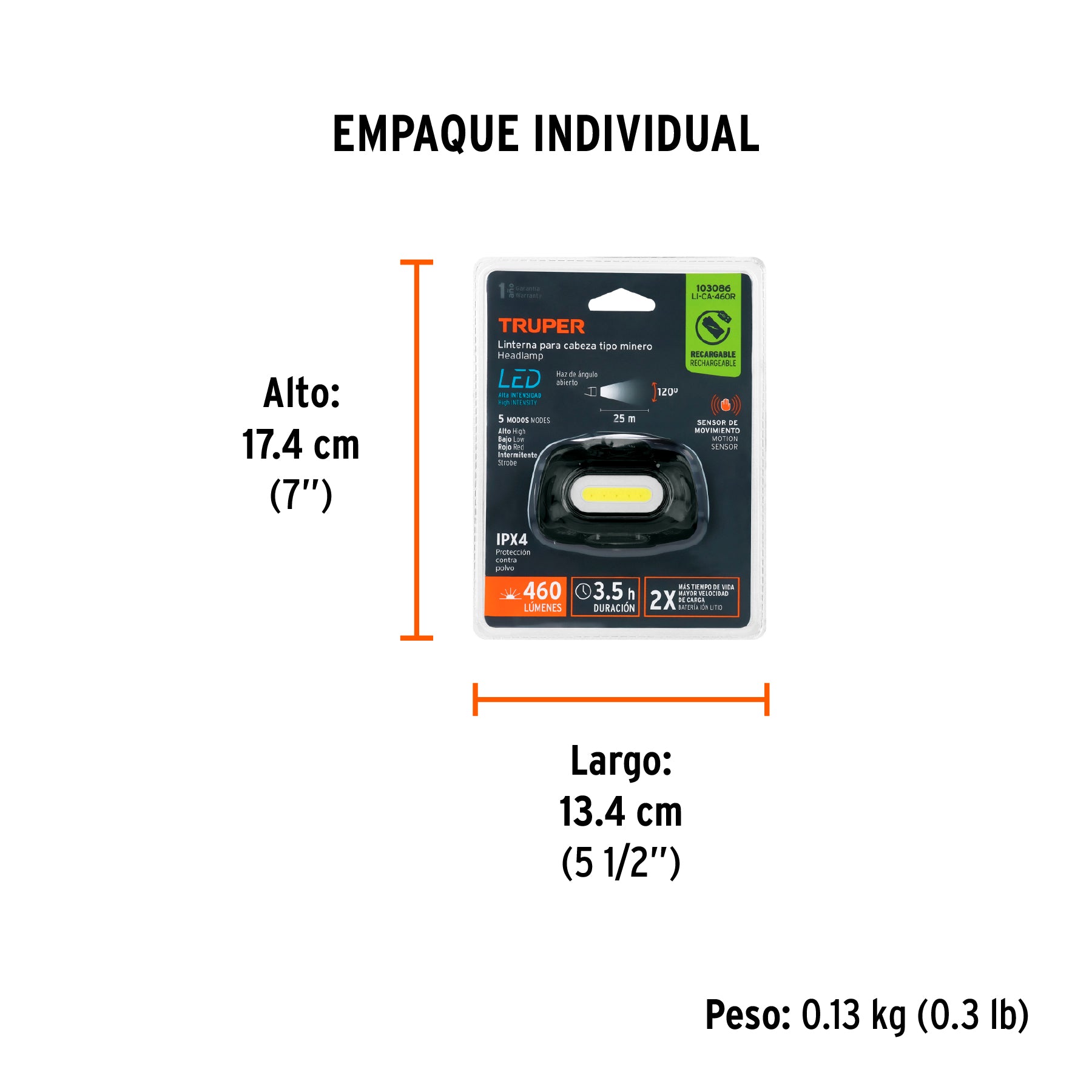 Linterna de minero 460 lm recargable con sensor, Truper
