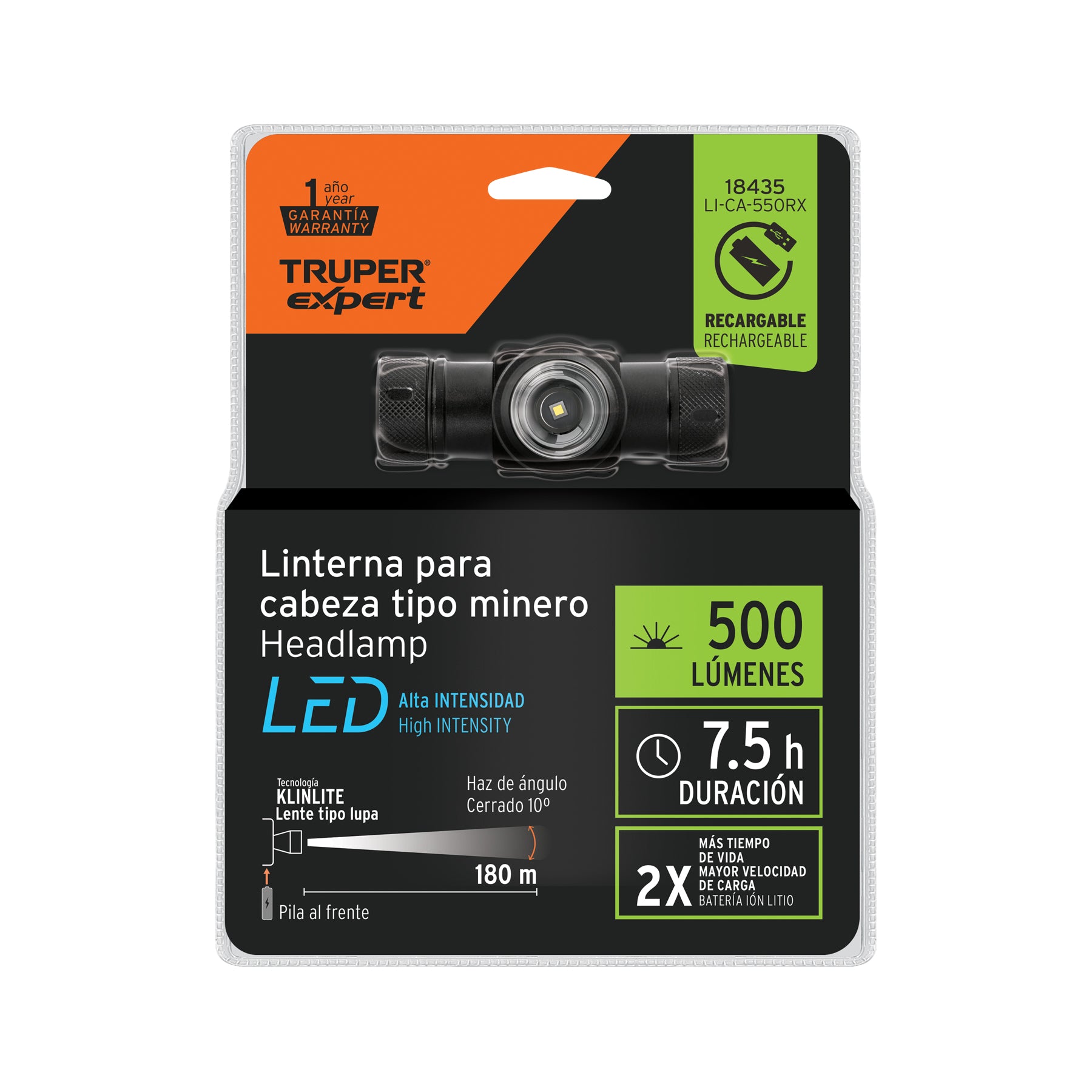Linterna para cabeza, 250 lúmenes, 1 Led, recargable