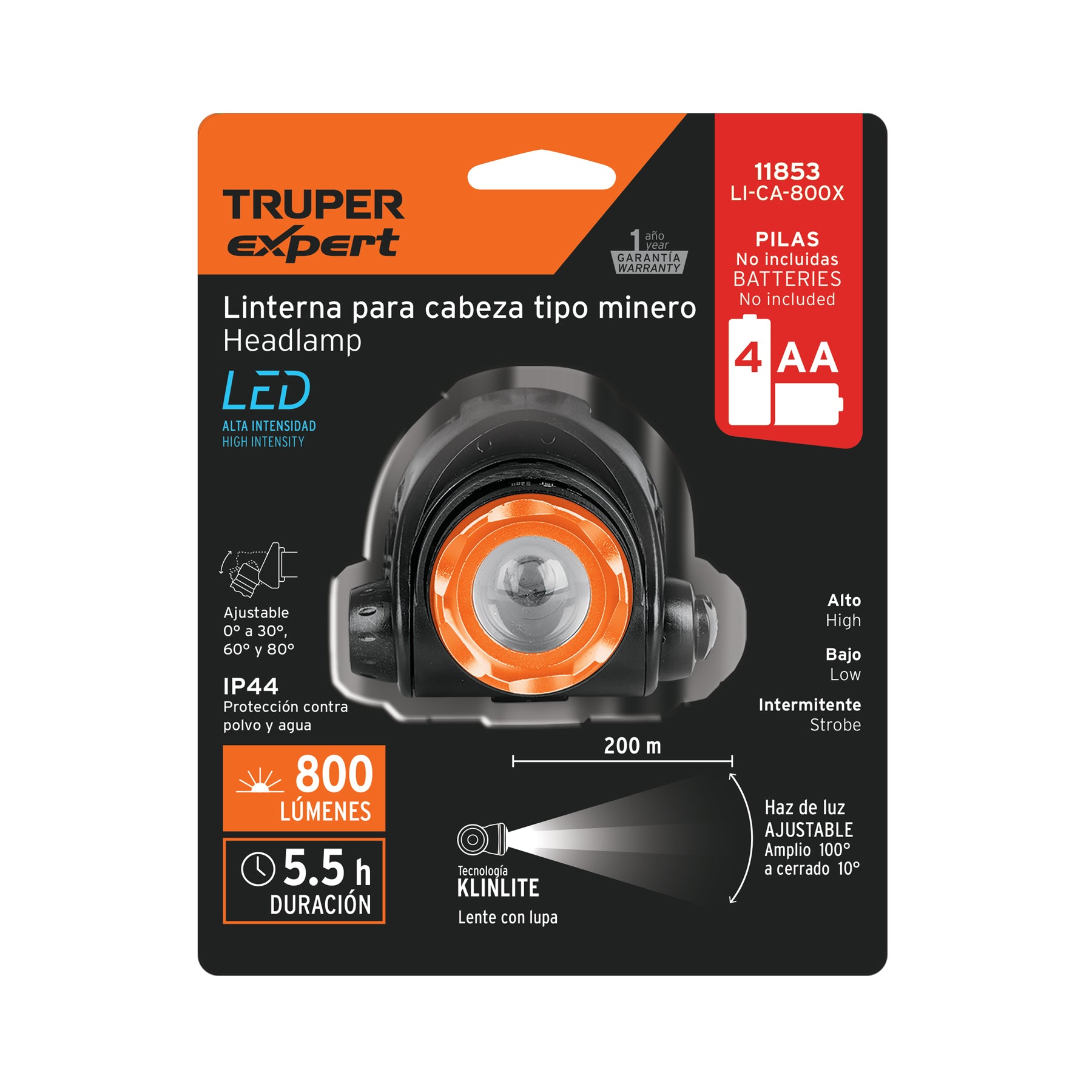 Linterna para cabeza, 4 pilas AA, 800 lúmenes, 1 LED, Expert