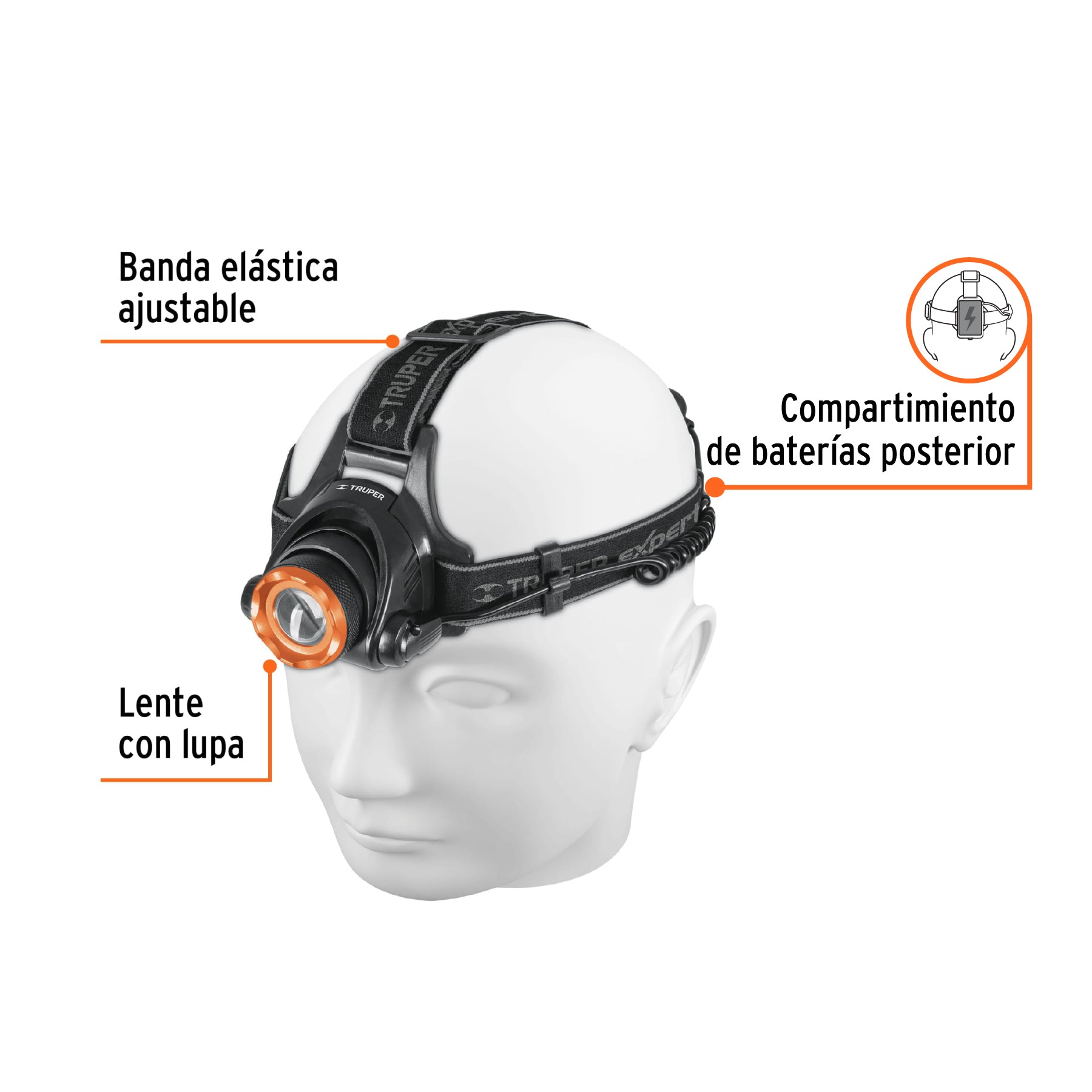 Linterna para cabeza, 4 pilas AA, 800 lúmenes, 1 LED, Expert