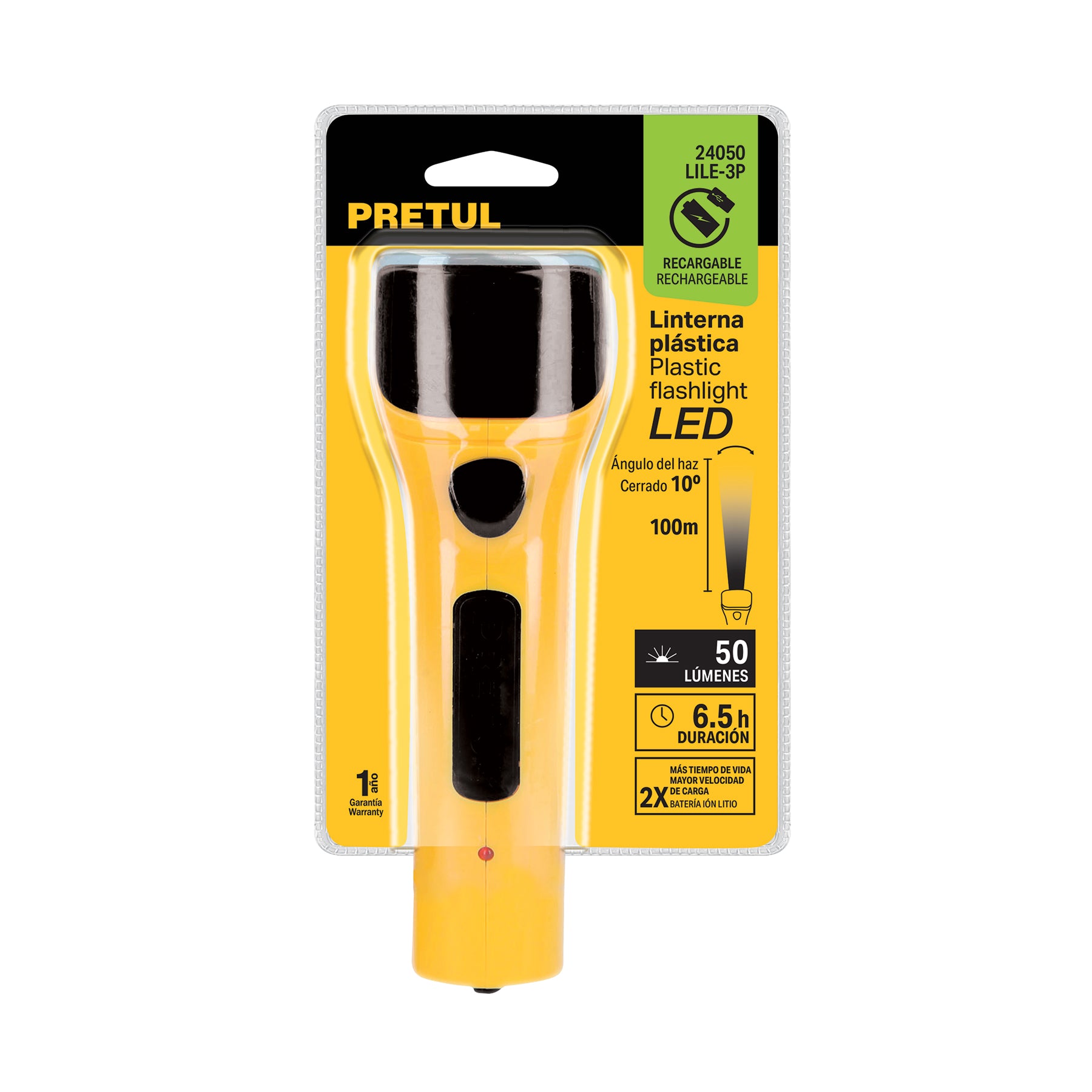 Linterna recargable de LED, 50 lúmenes, Pretul.