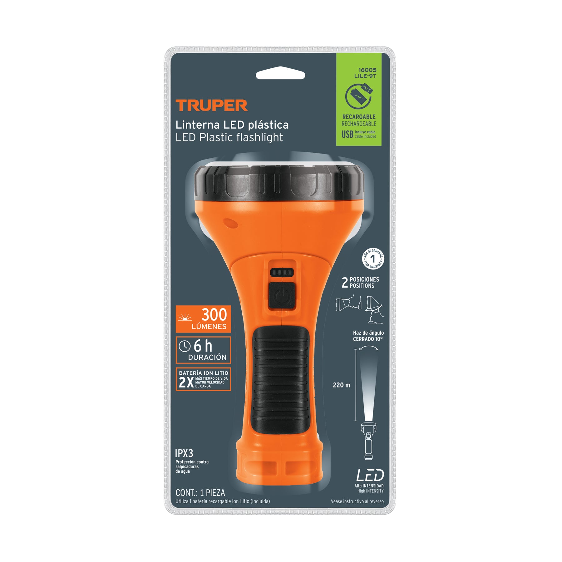 Linterna recargable de leds, 70 lúmenes