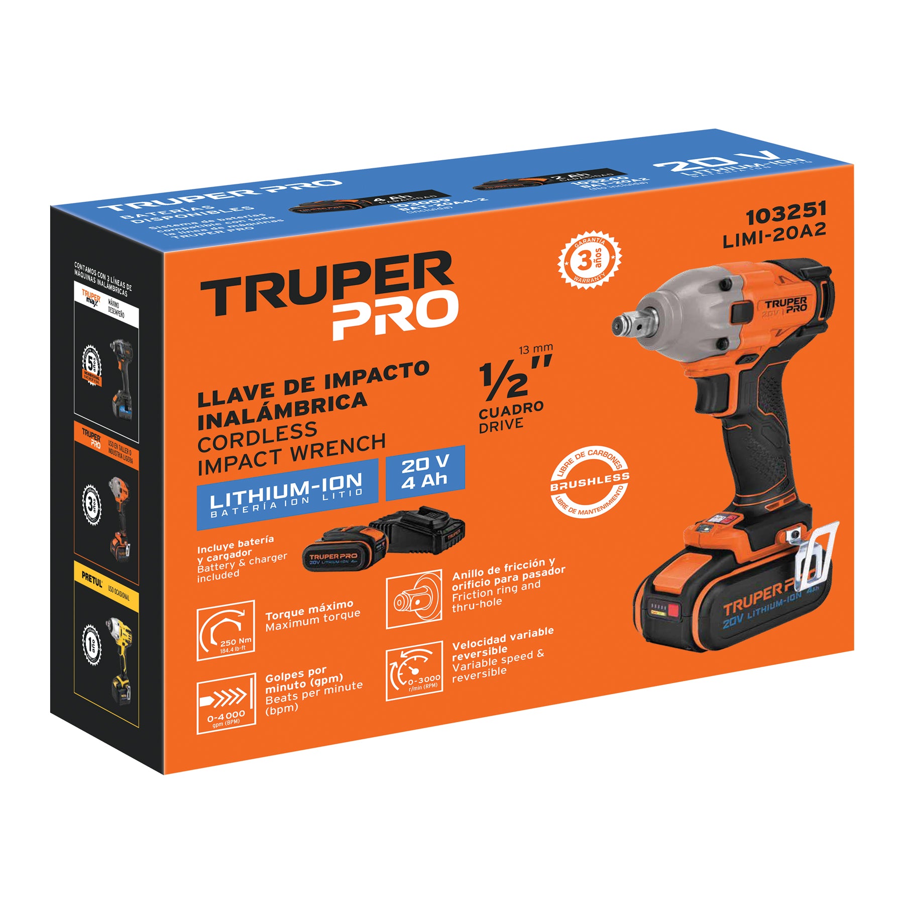 Llave impacto inal.1/2', 20V, 1 bat. 4Ah, 1 carg. TRUPER PRO
