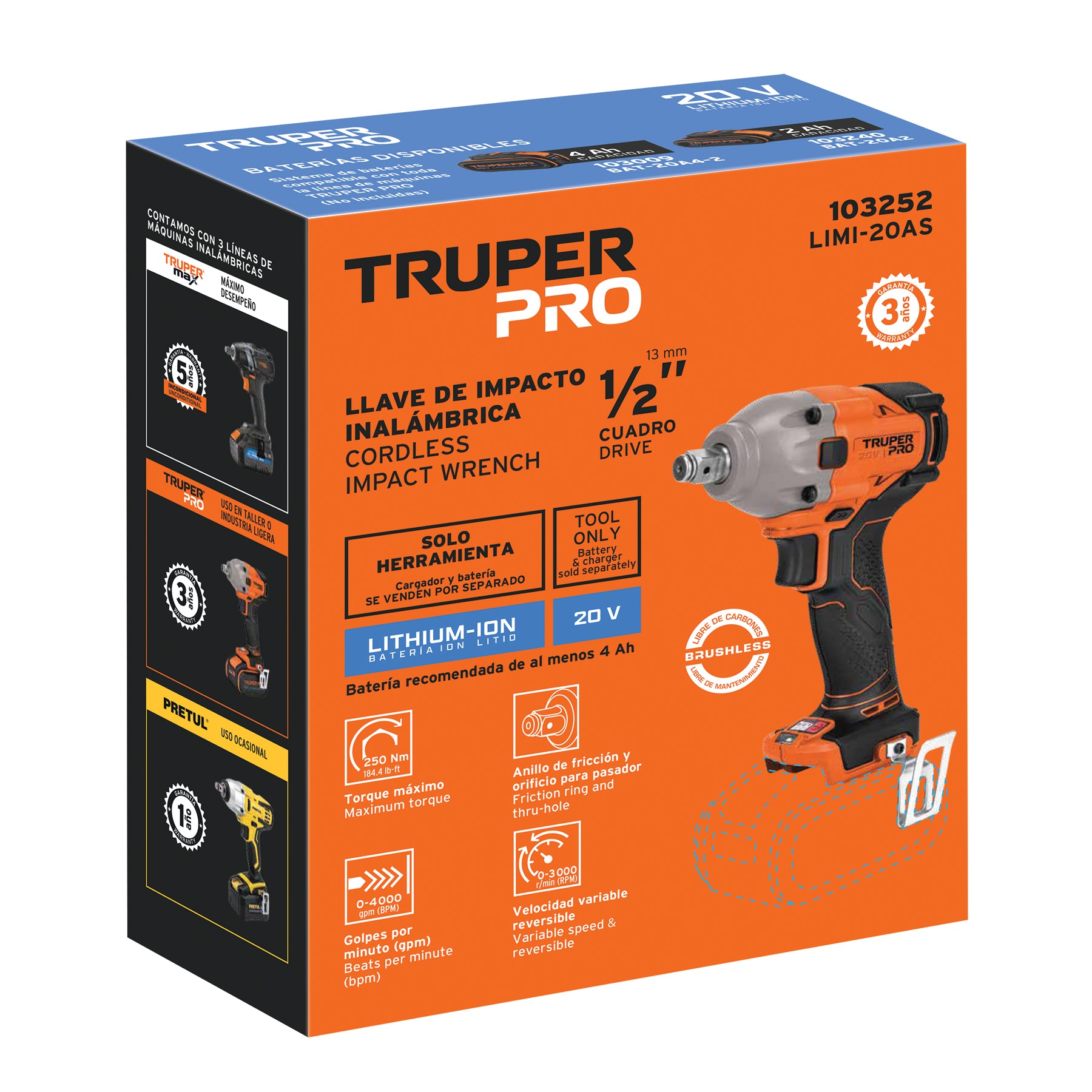 Llave impacto inal.1/2', 20V, s/accesorios, TRUPER PRO