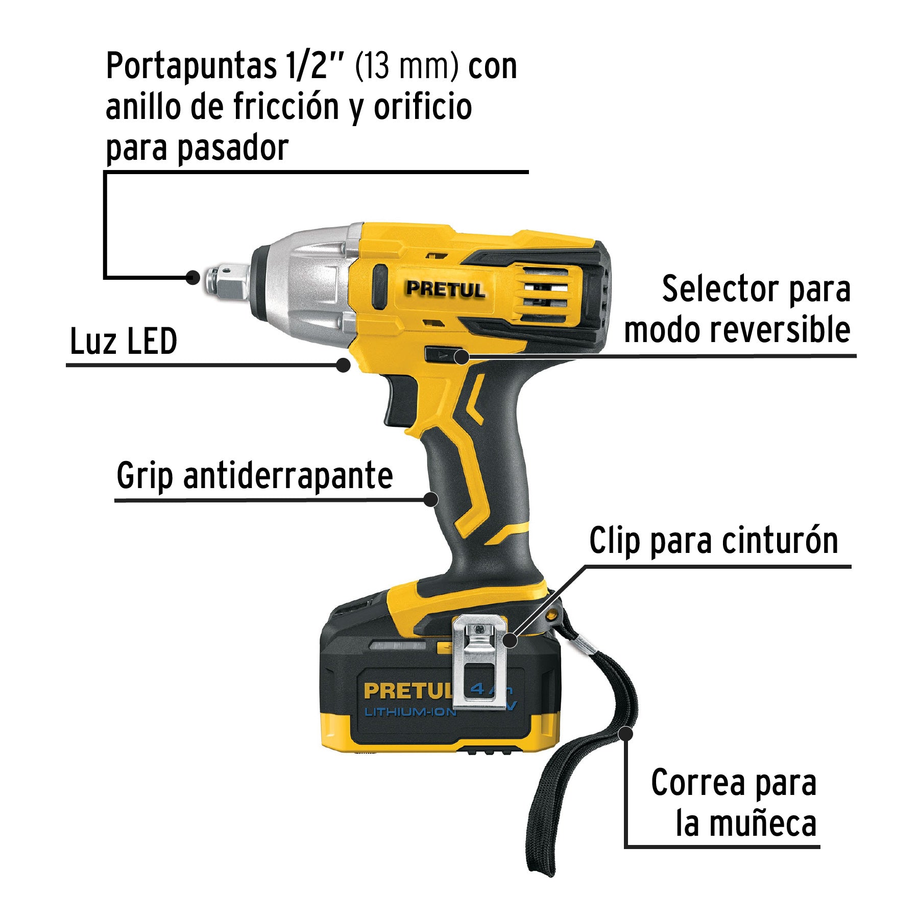 Llave de impacto inalámbrica 1/2', 20 V, Pretul