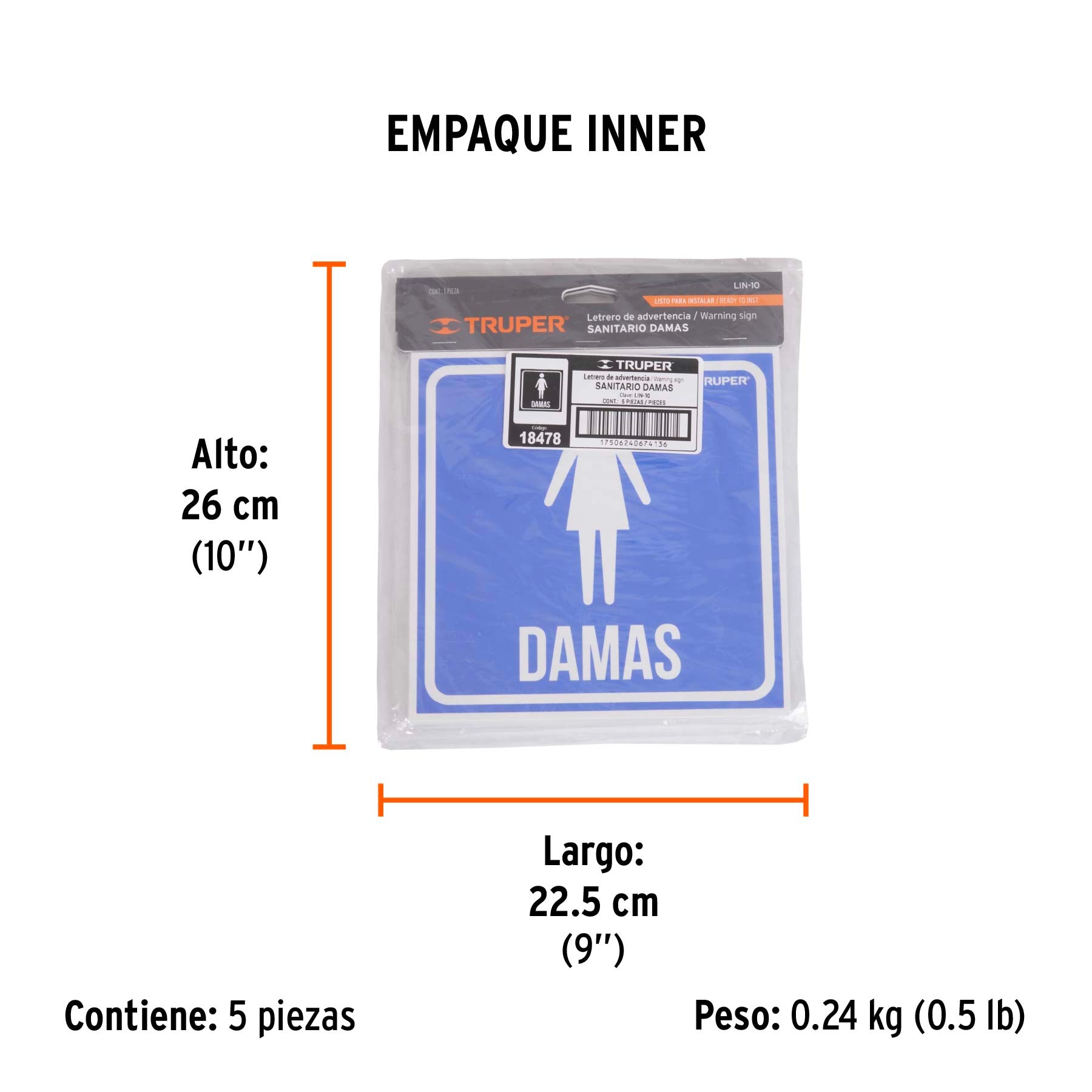 Letrero de señalización "DAMAS", 19 x 19 cm
