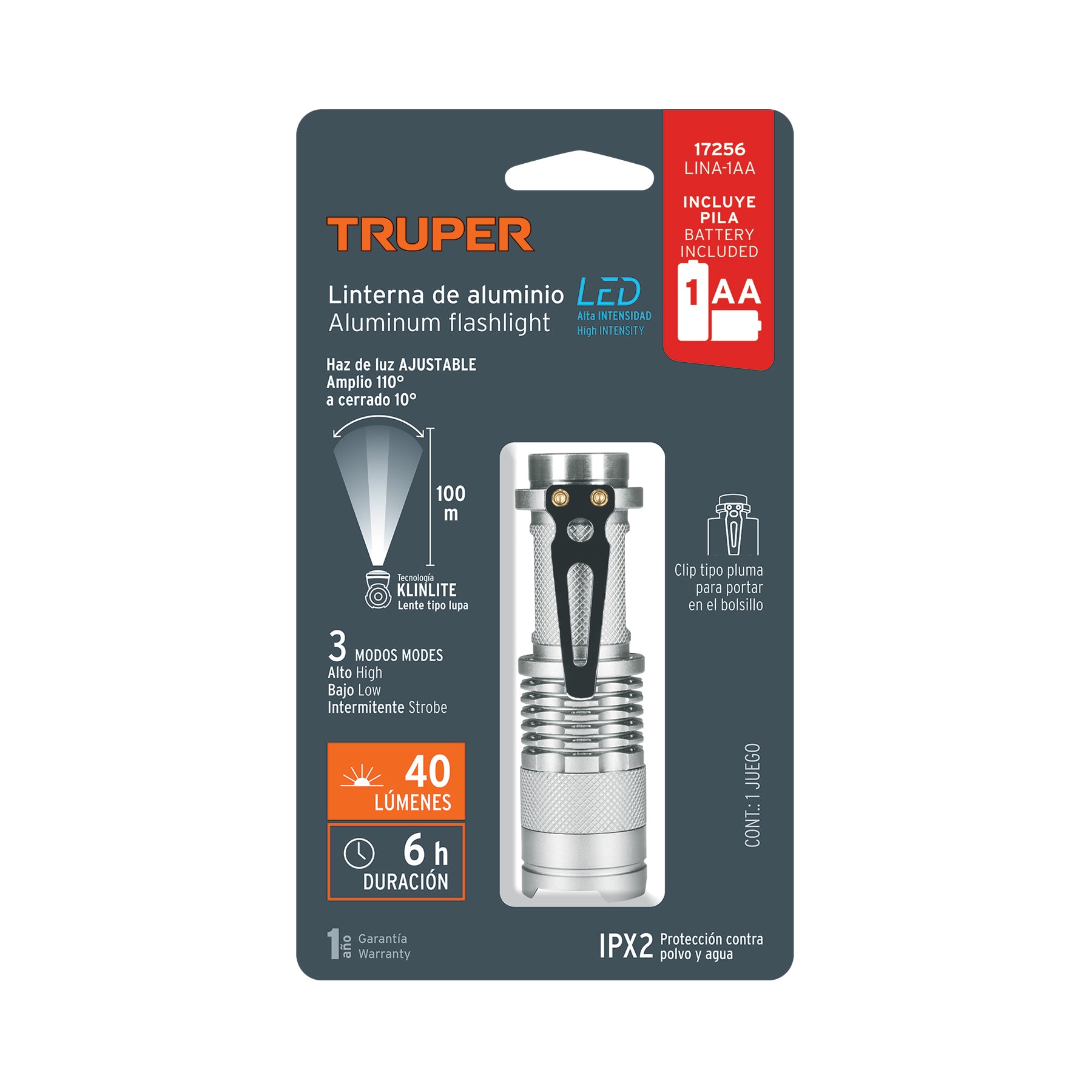 Linterna de aluminio con 1 pila AA, 40 lúmenes, 1 LED