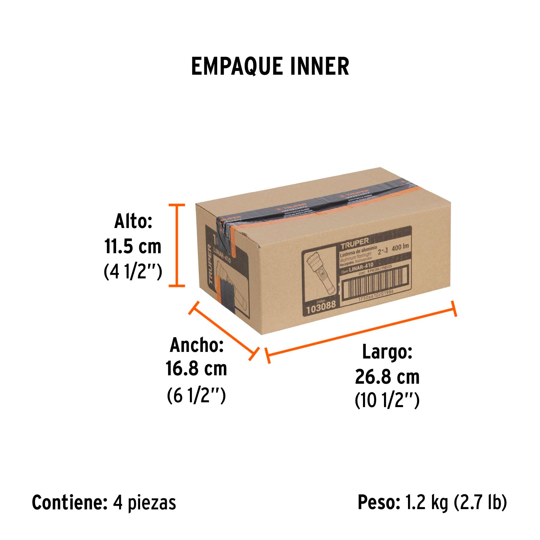 Linterna LED recargable c/luz de emergencia, 410 lm, Truper