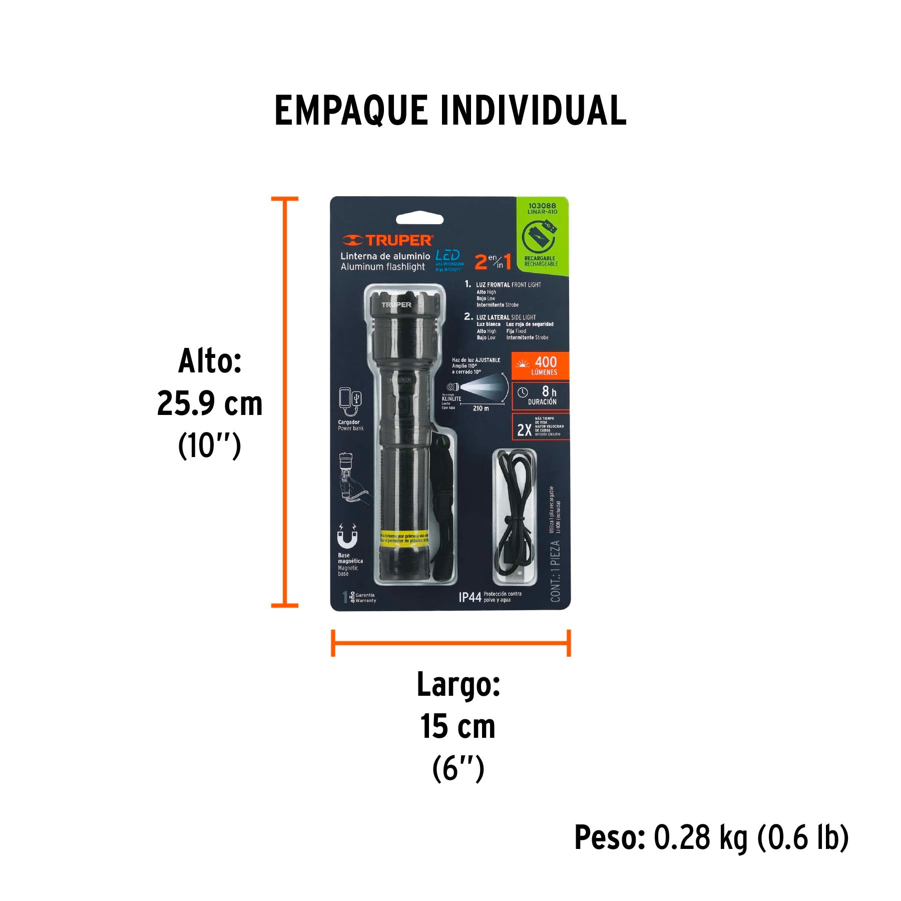Linterna LED recargable c/luz de emergencia, 410 lm, Truper