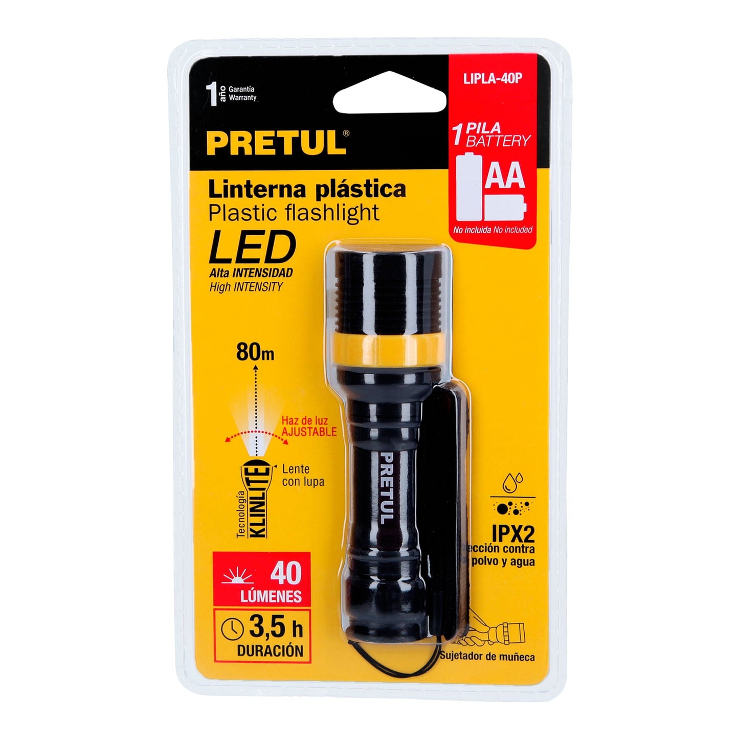 Linterna plástica, LED, 1 pila AAA, 40 lm, Pretul