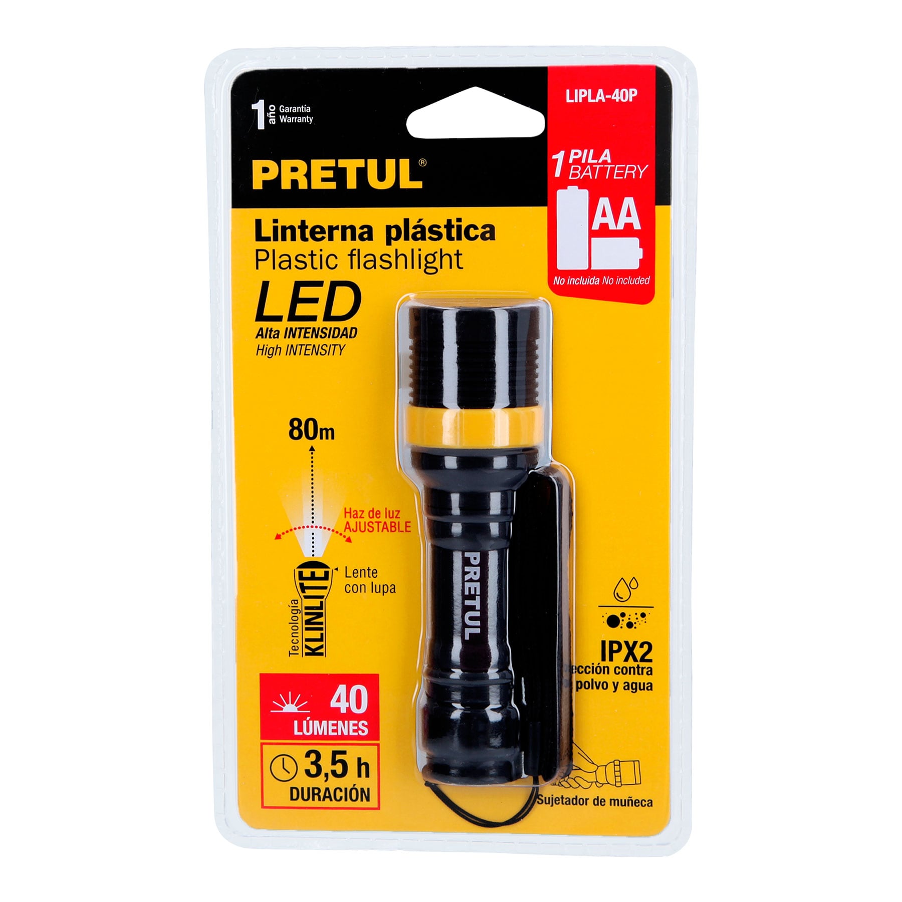 Linterna plástica, LED, 1 pila AAA, 40 lm, Pretul