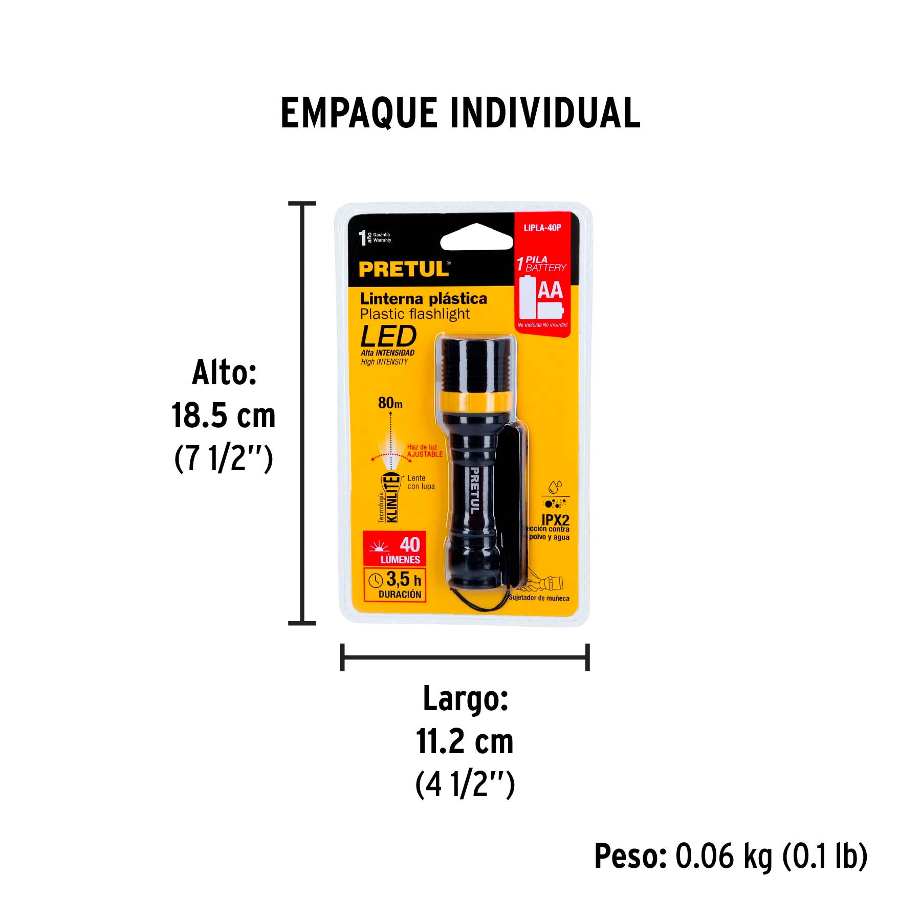 Linterna plástica, LED, 1 pila AAA, 40 lm, Pretul