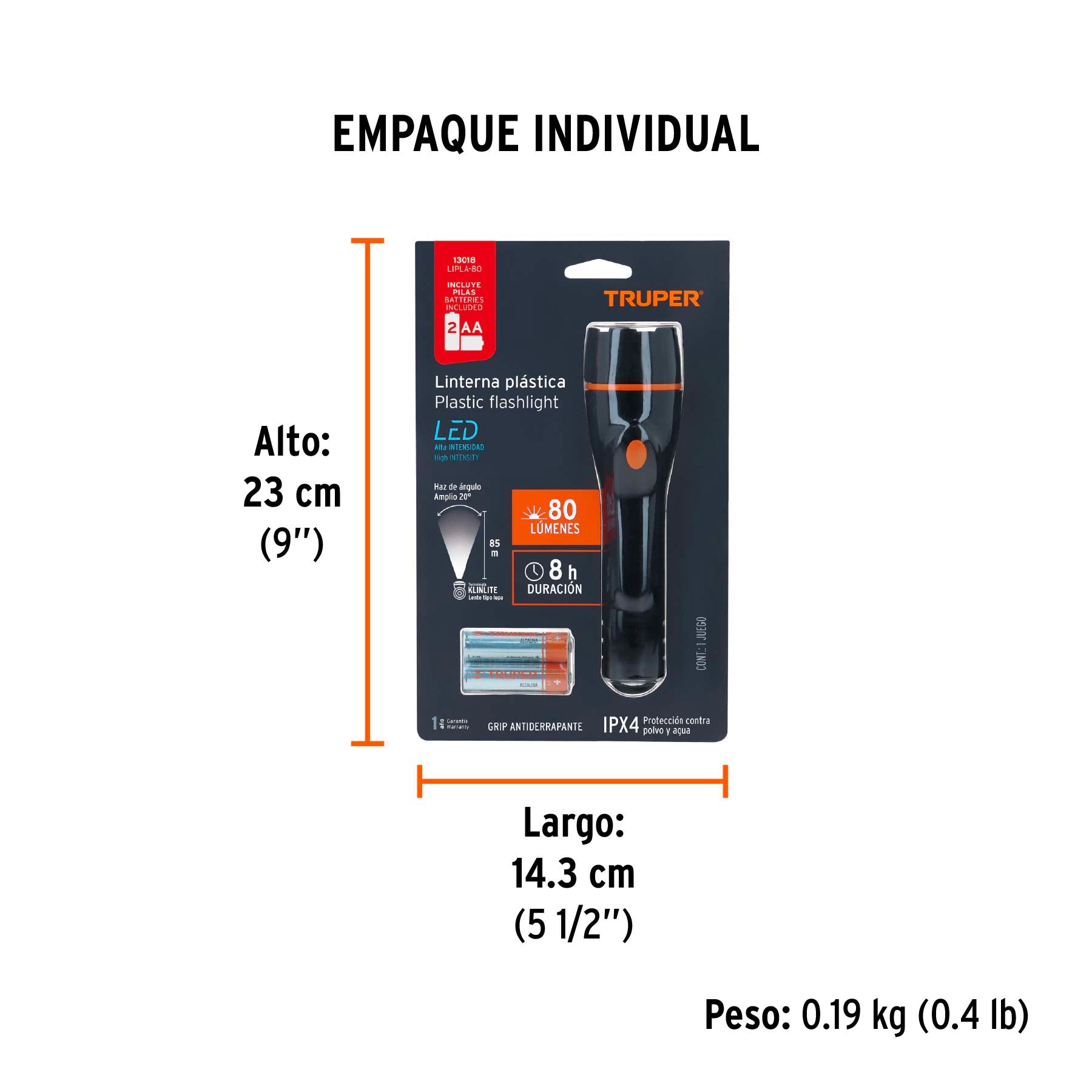 Linterna plástica, LED, luz directa, 2 pilas AA, 80 Lm