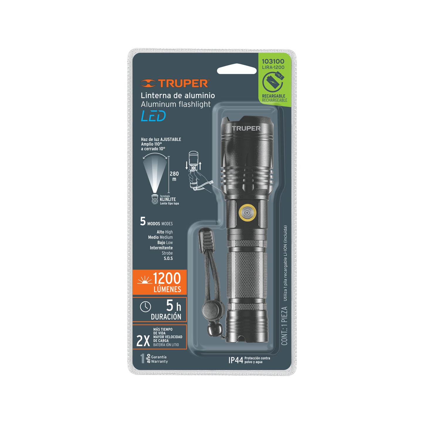 Linterna LED recargable, de aluminio 1200 lm, Truper