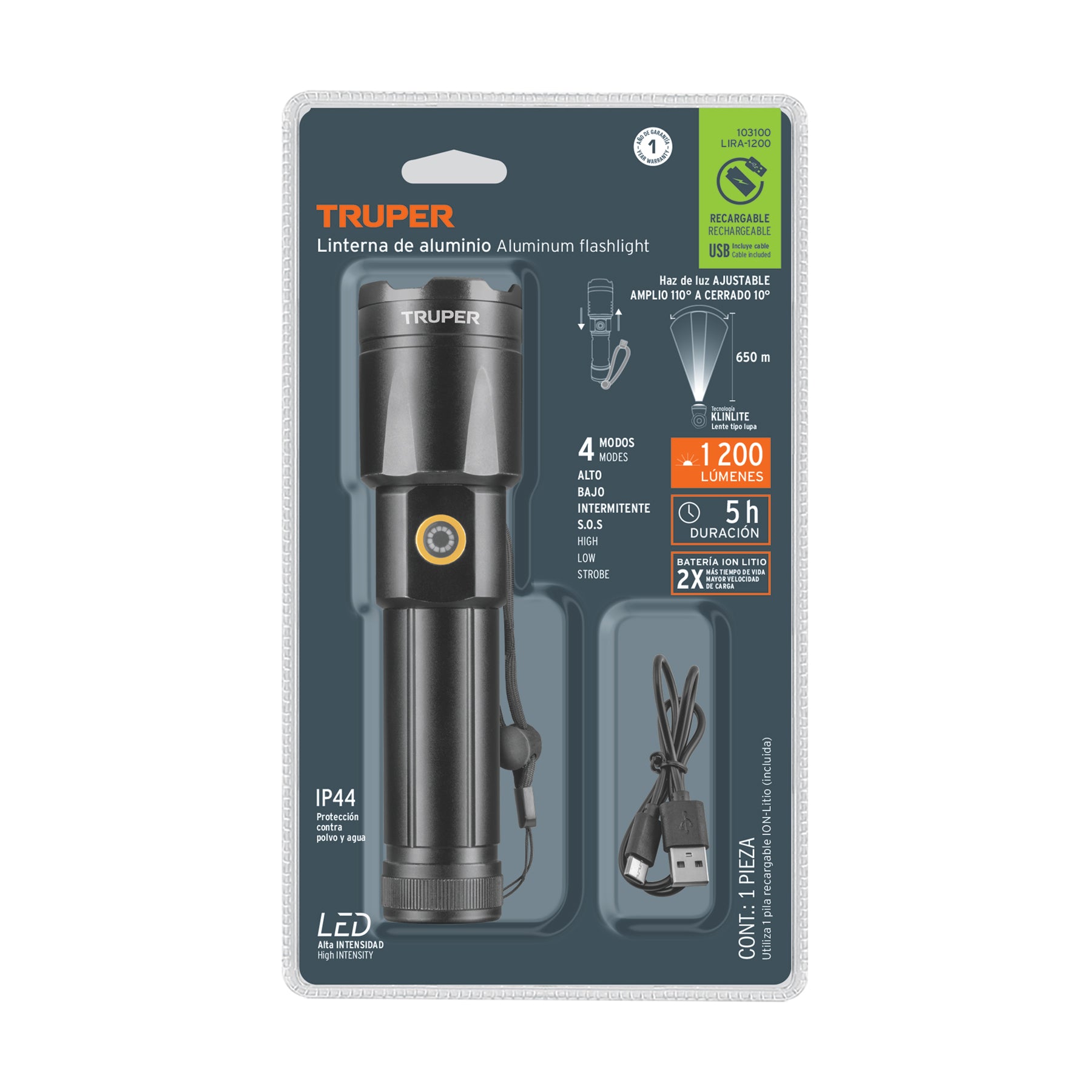 Linterna LED recargable, de aluminio 1200 lm, Truper