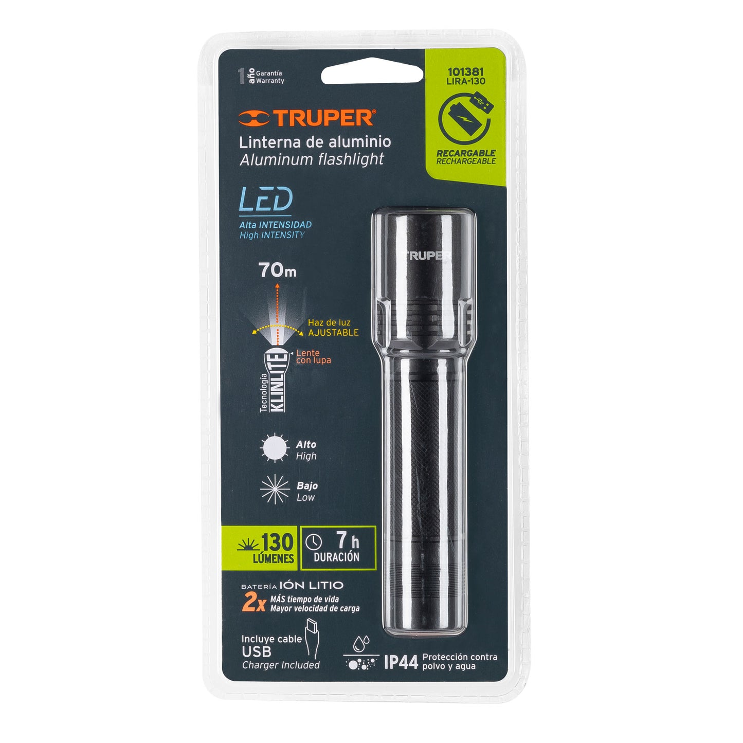 Linterna LED recargable de aluminio, 130 lúmenes