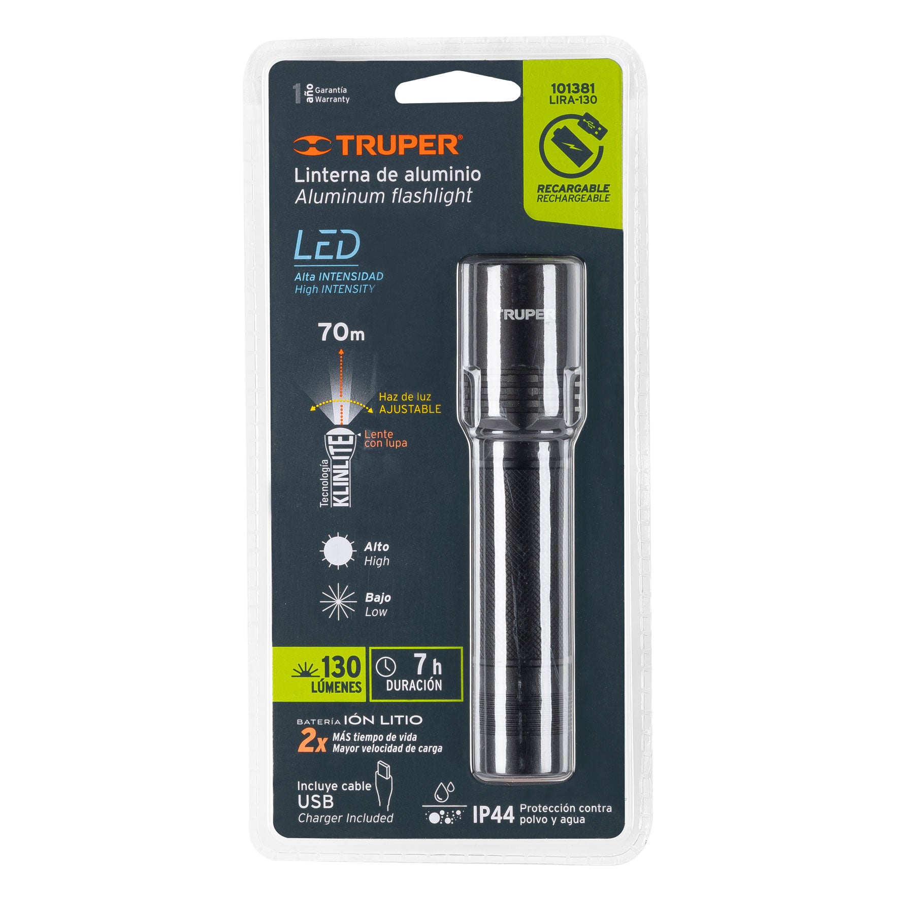 Linterna LED recargable de aluminio, 130 lúmenes