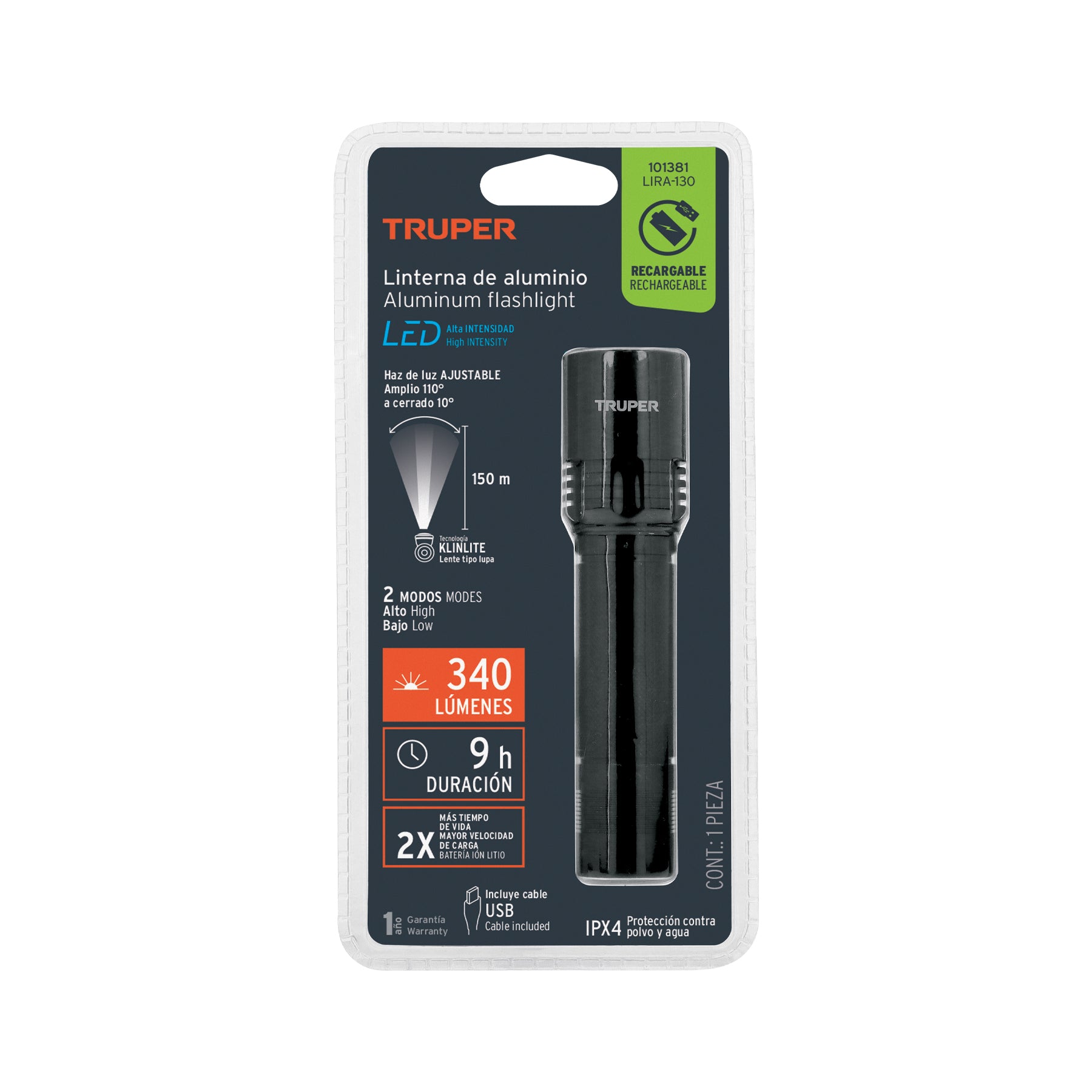 Linterna LED recargable de aluminio, 130 lúmenes