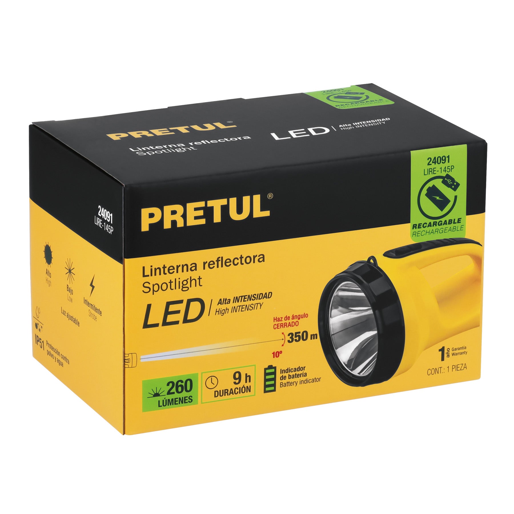 Linterna recargable de Leds, 145 lúmenes, Pretul