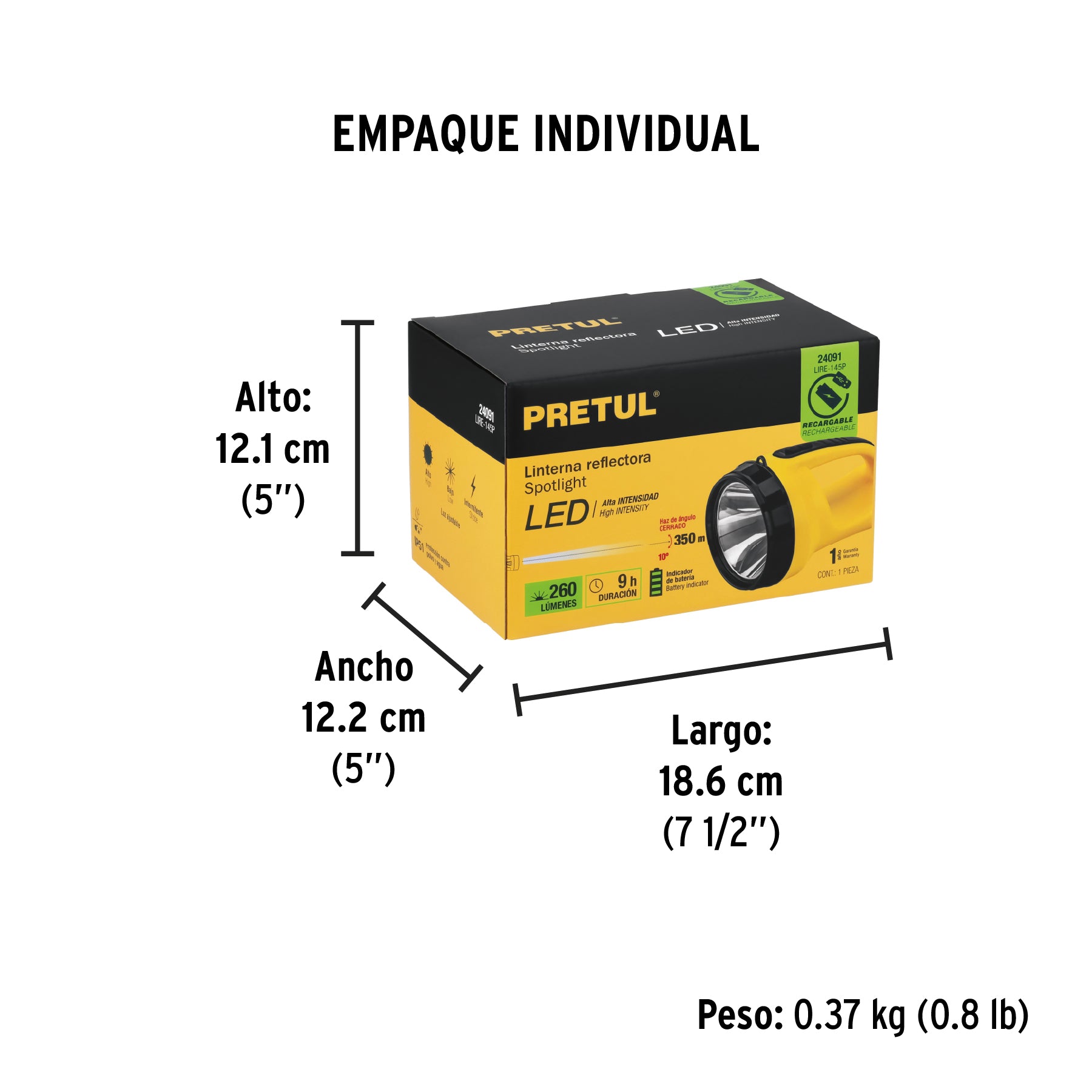 Linterna recargable de Leds, 145 lúmenes, Pretul