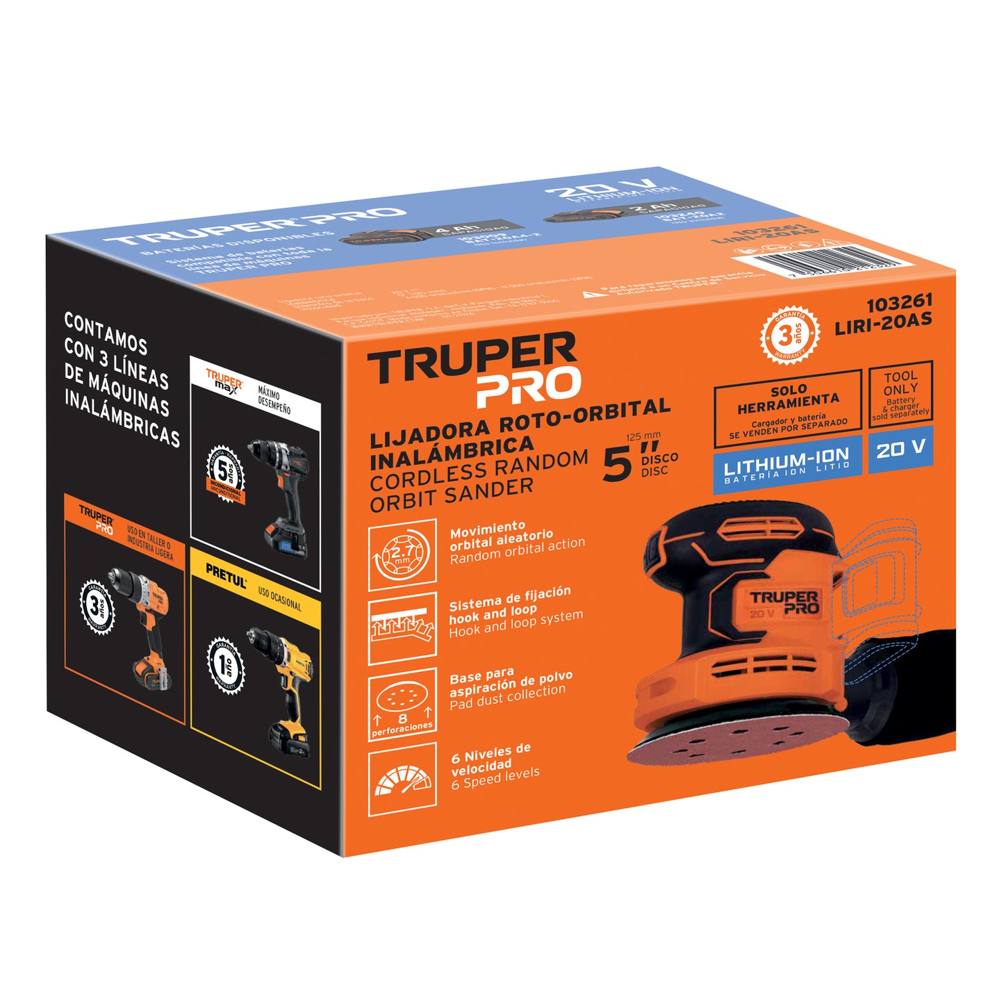 Lijadora roto-orbital 5' inal. 20V, s/accesorios, TRUPER PRO