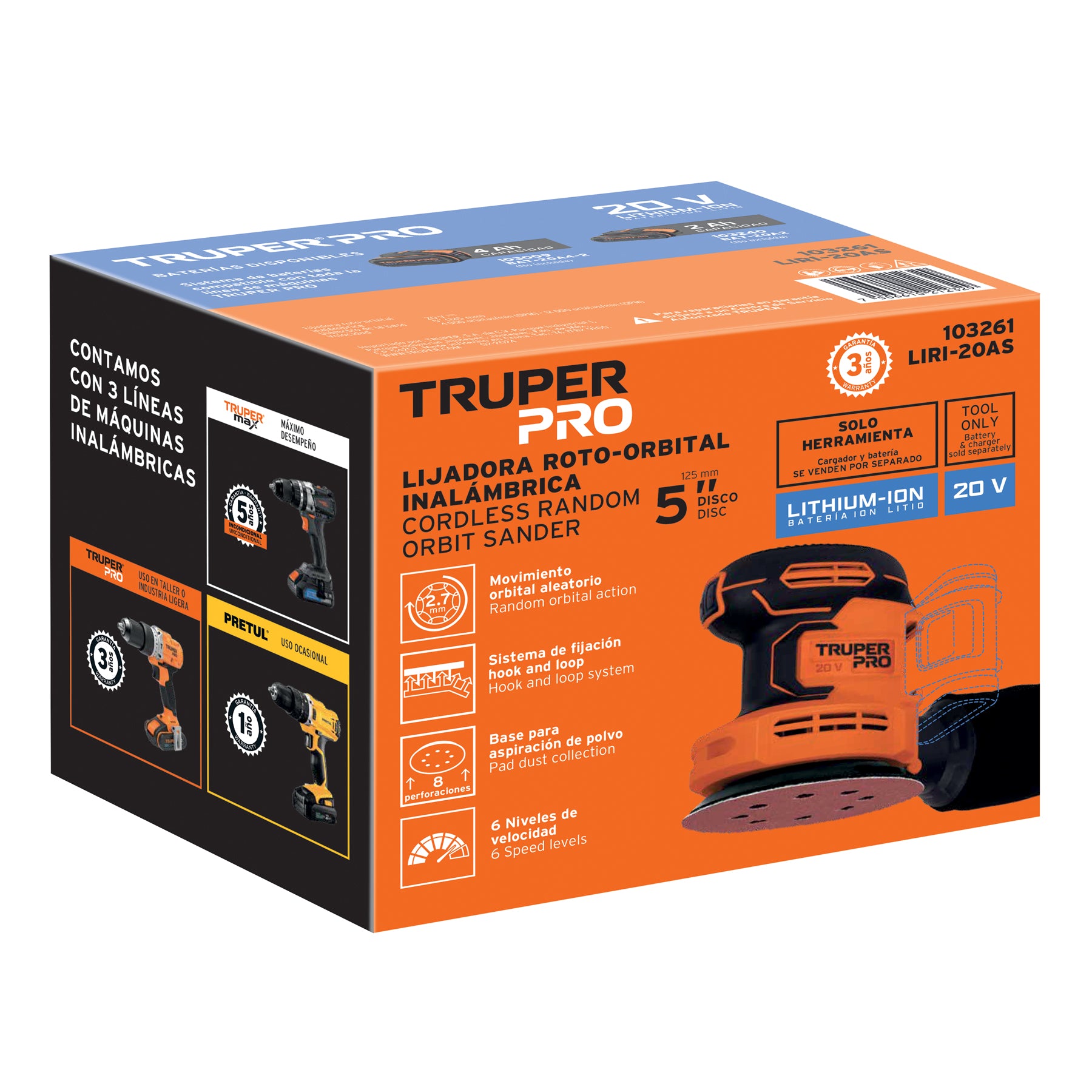 Lijadora roto-orbital 5' inal. 20V, s/accesorios, TRUPER PRO