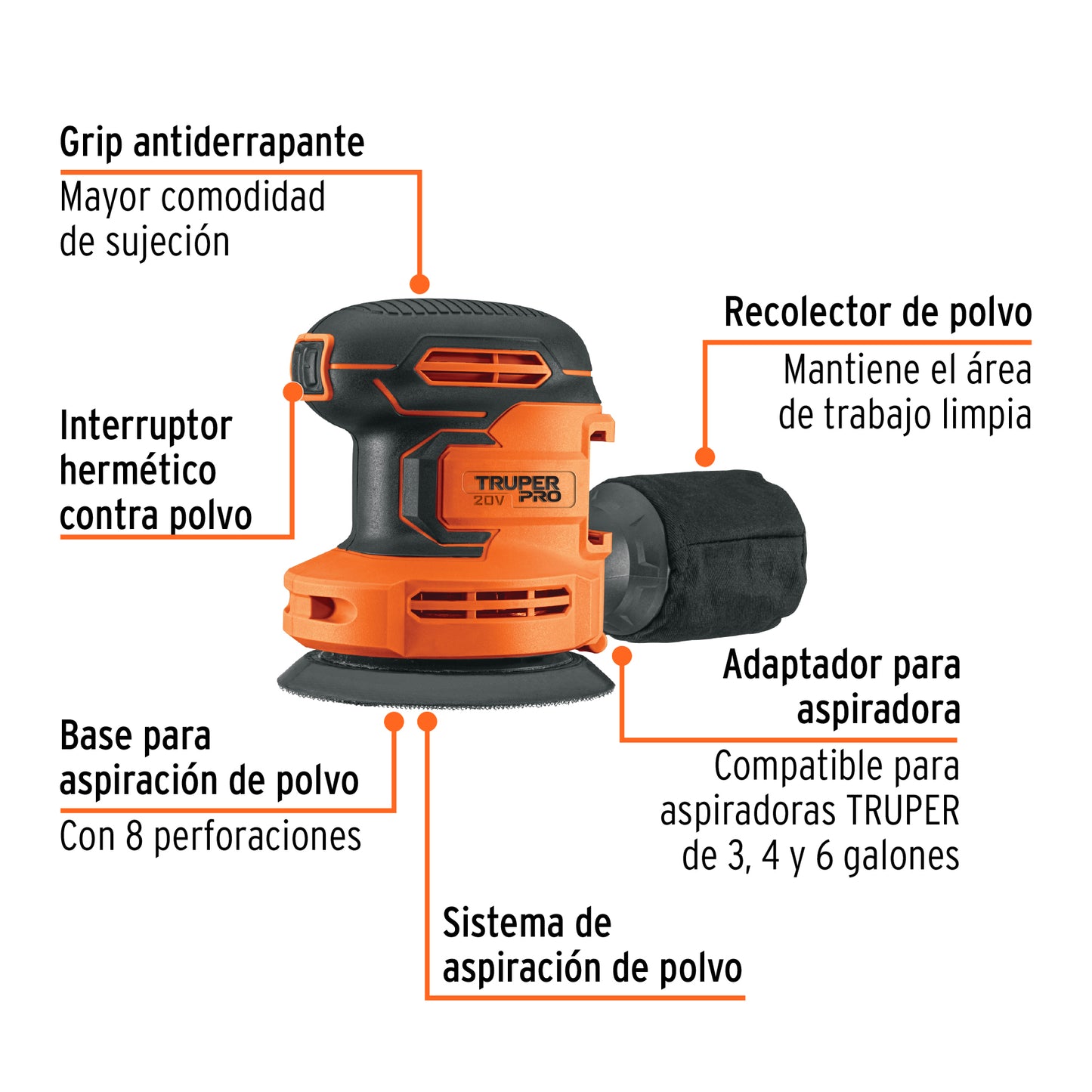 Lijadora roto-orbital 5' inal. 20V, s/accesorios, TRUPER PRO