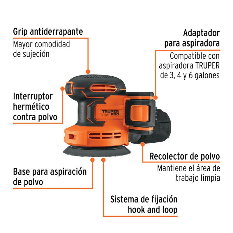 Lijadora roto-orbital 5' inal. 20V, 1 bat. 2Ah, 1 carg. PRO