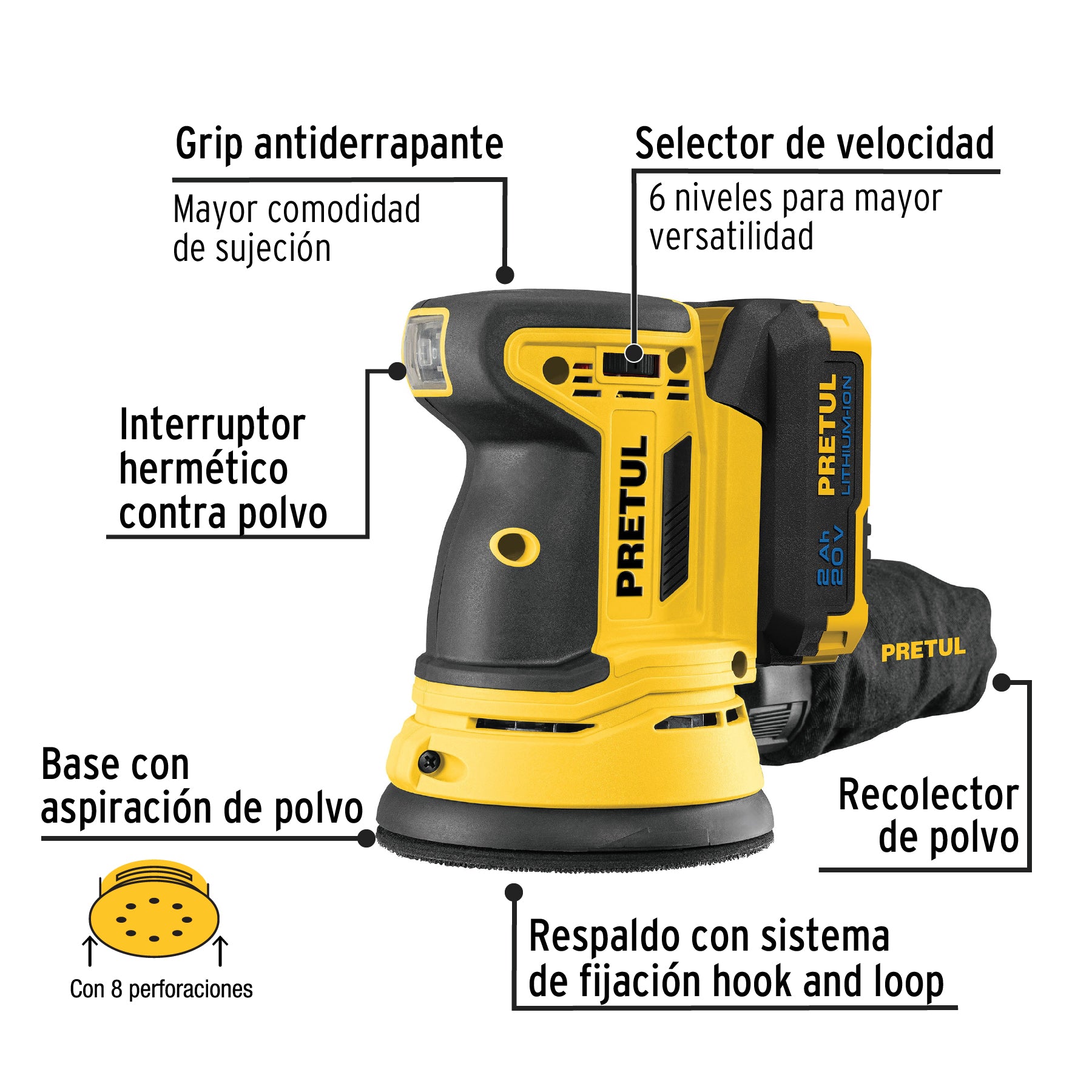 Lijadora roto orbital inalámbrica 5', 20 V, Pretul