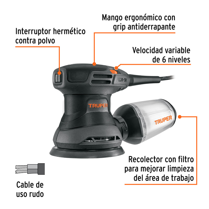 Lijadora roto orbital 5', 260W, TRUPER INDUSTRIAL