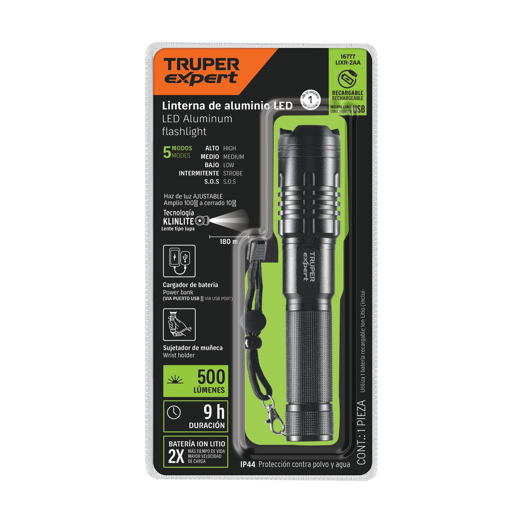 Linterna recargable, led cree, 180 lm con 2 pilas AA