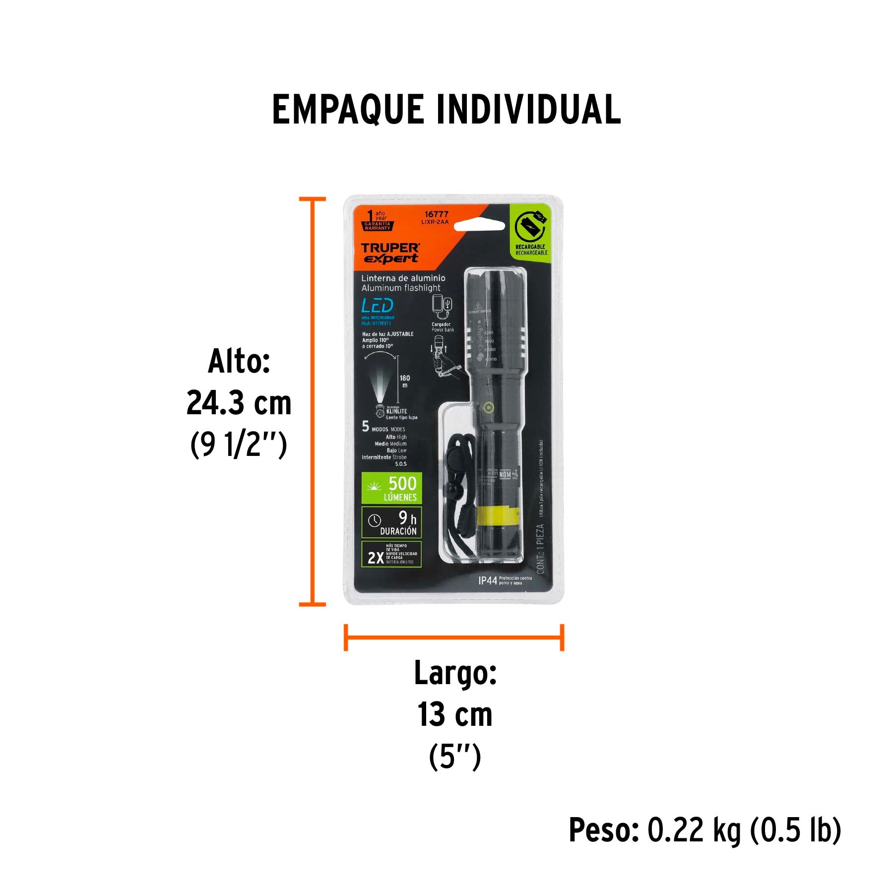Linterna recargable, led cree, 180 lm con 2 pilas AA