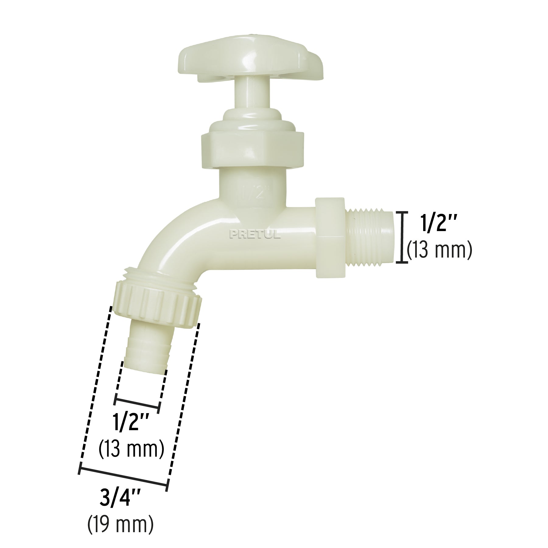 Llave de naríz para jardín, 59 gr, 1/2", plástica, Pretul