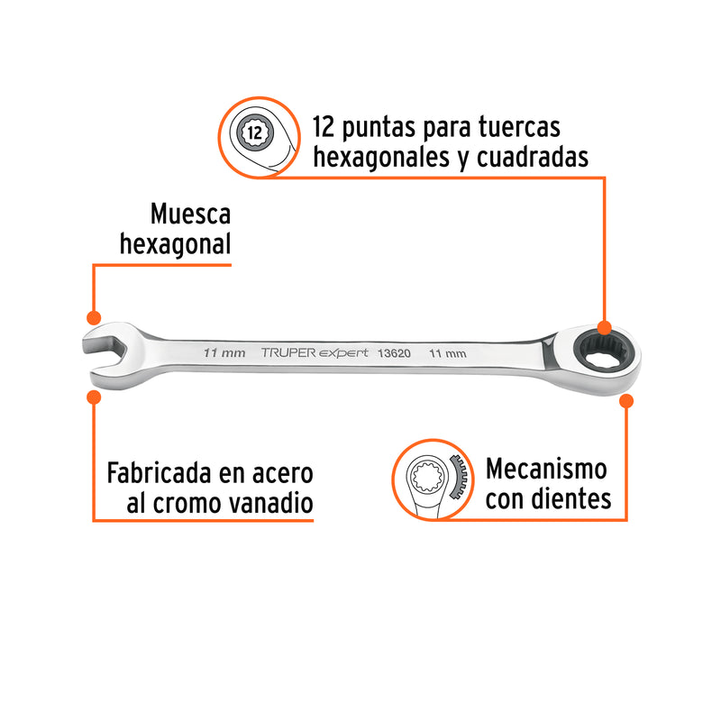 Llave combinada con matraca, 11 x 160 mm, TruperExpert