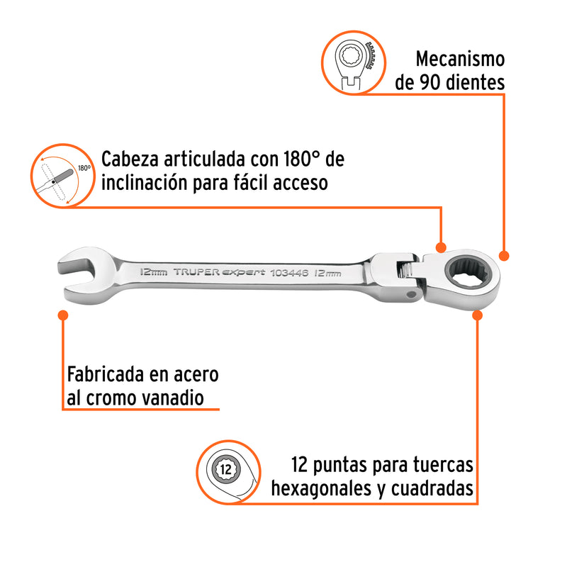 Llave combinada con matraca 12 mm flexible, Expert
