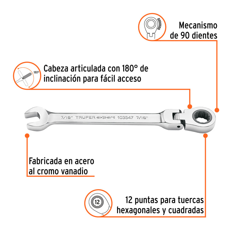 Llave combinada con matraca 7/16" flexible, EXPERT