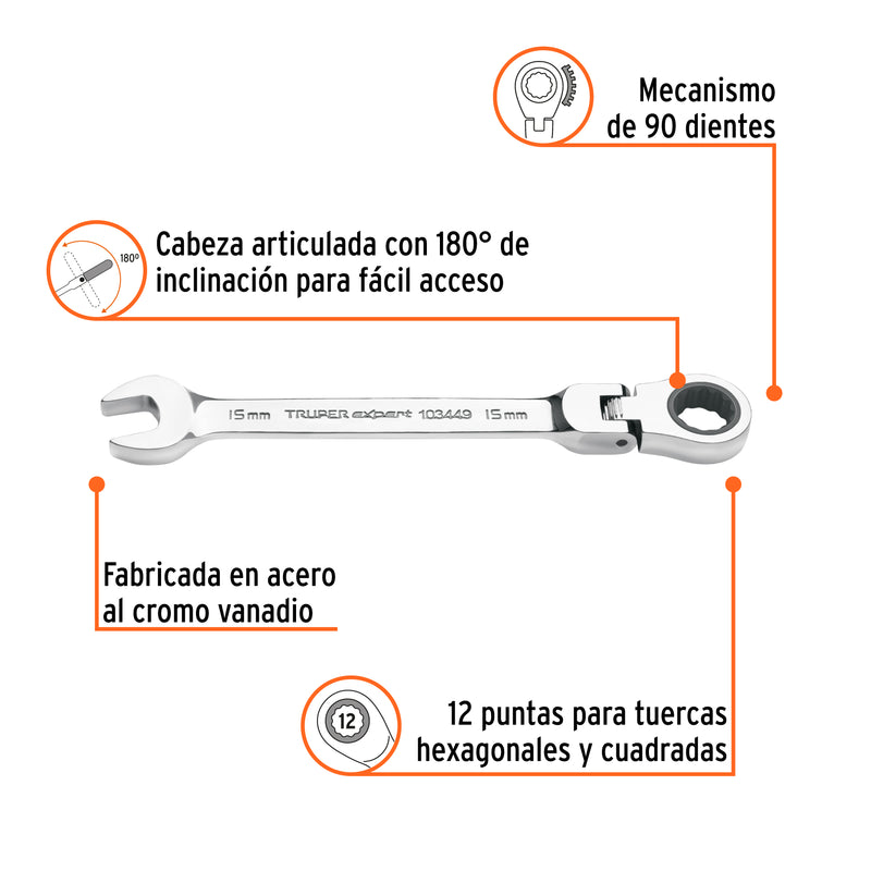 Llave combinada con matraca 15 mm flexible, Expert