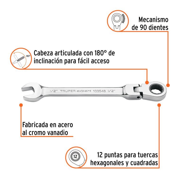 Llave combinada con matraca 1/2" flexible, EXPERT
