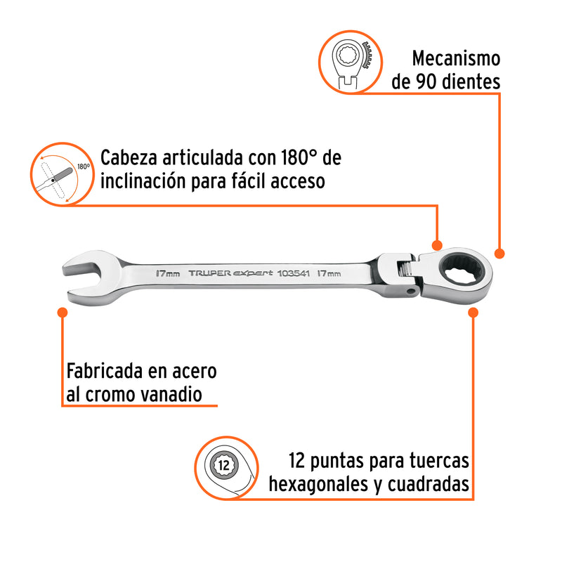 Llave combinada con matraca 17 mm flexible, Expert